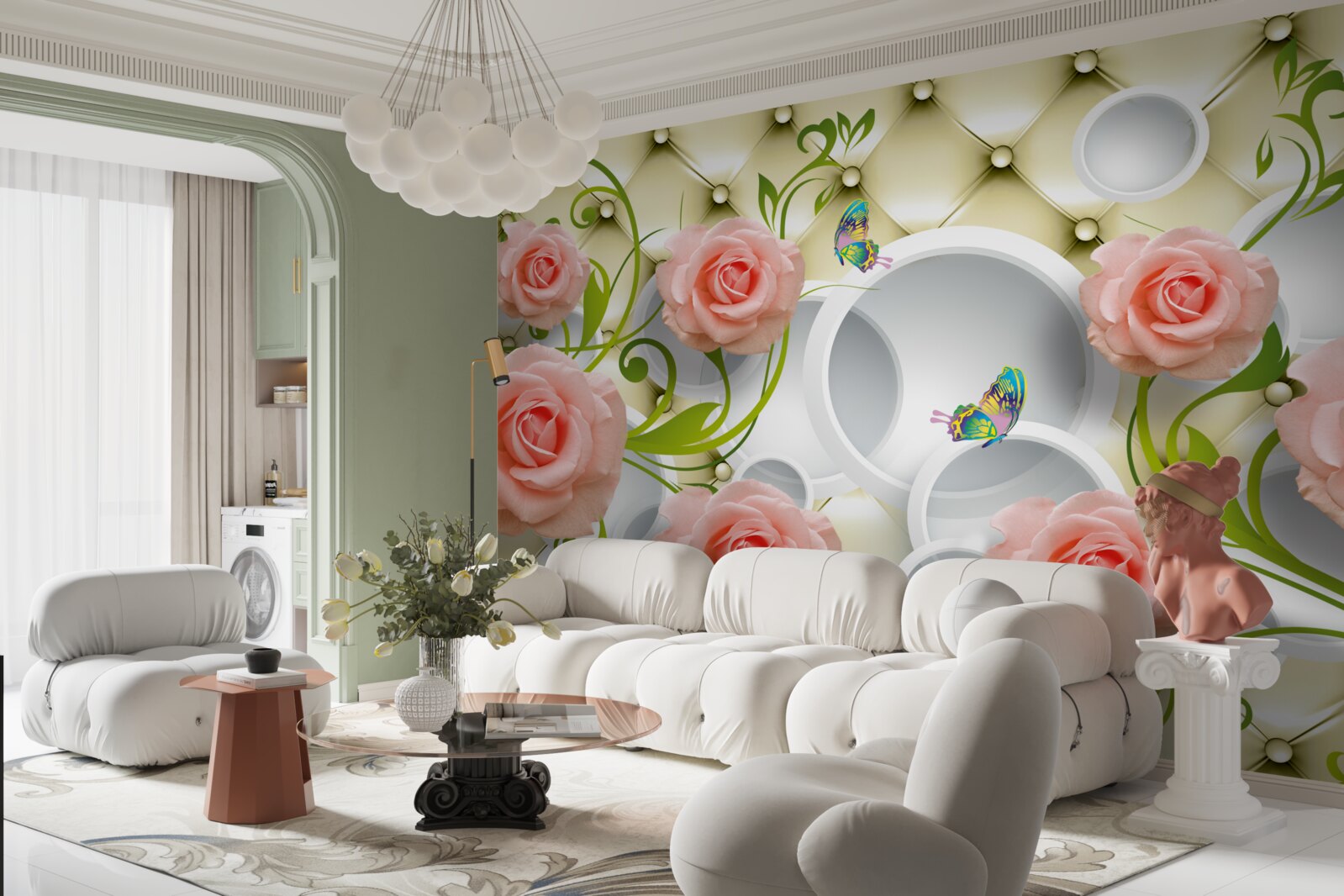 Papier peint papillons et roses en rose