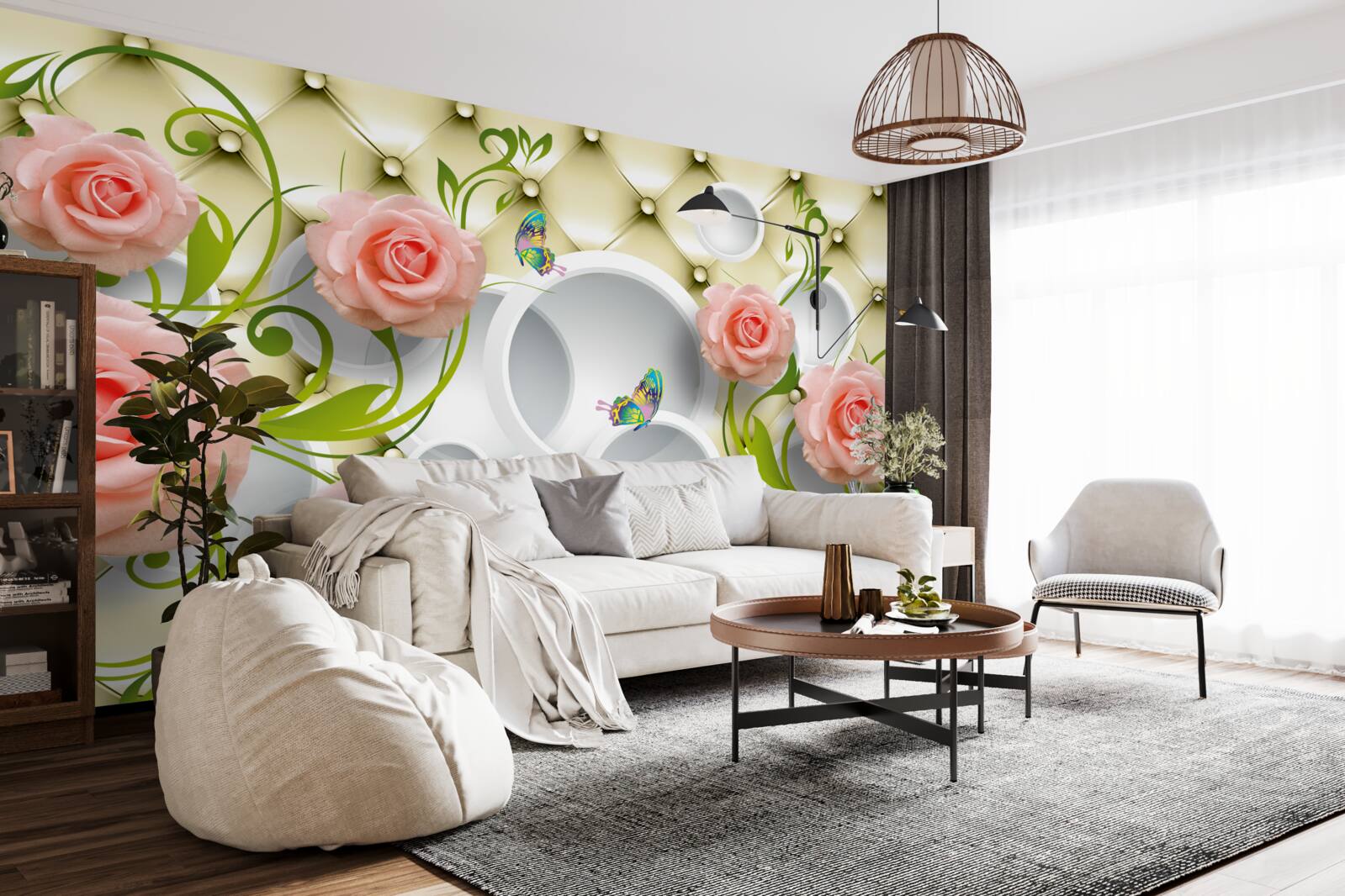 Papier peint papillons et roses en rose