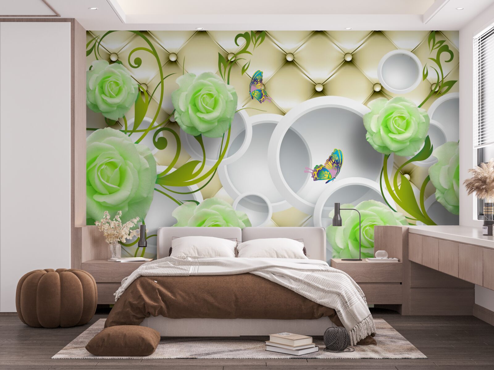 Papier peint la rose est blanche et verte avec des éléments d'or et de perles