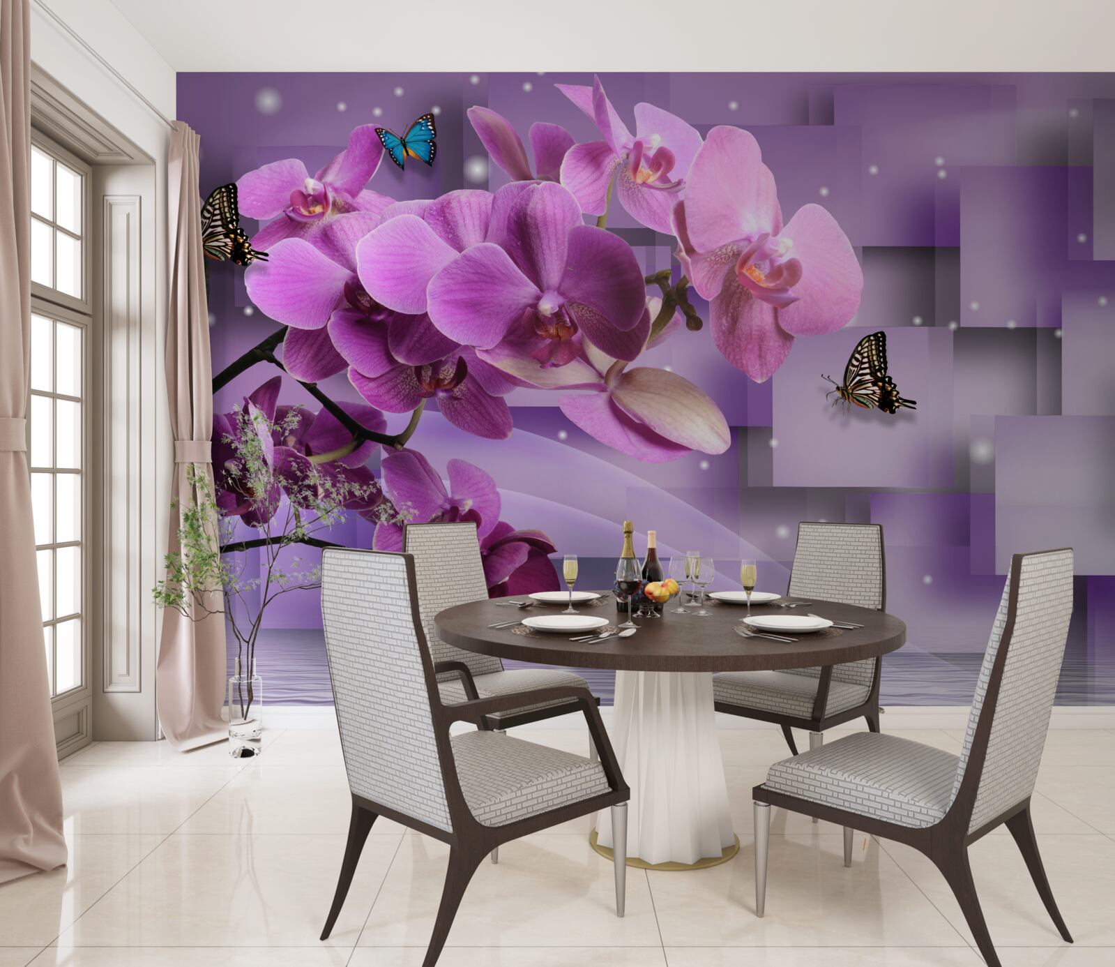 Papier peint composition d'orchidées fines et de papillons