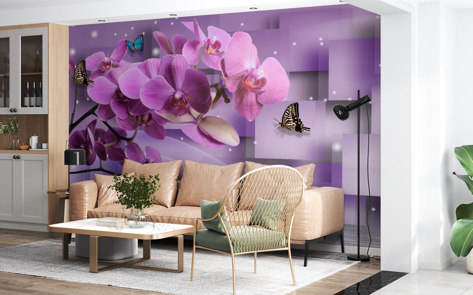 Papier peint composition d'orchidées fines et de papillons
