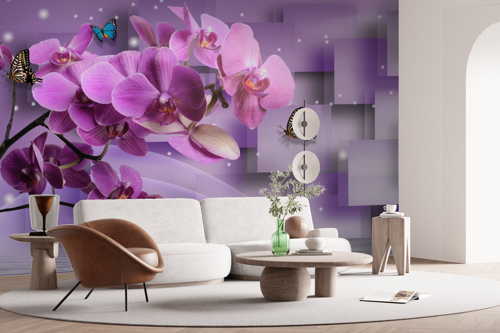 Papier peint composition d'orchidées fines et de papillons
