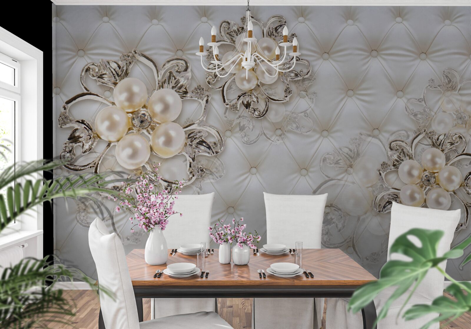 Papier peint Jolies nuances de perle et d'or dans les fleurs