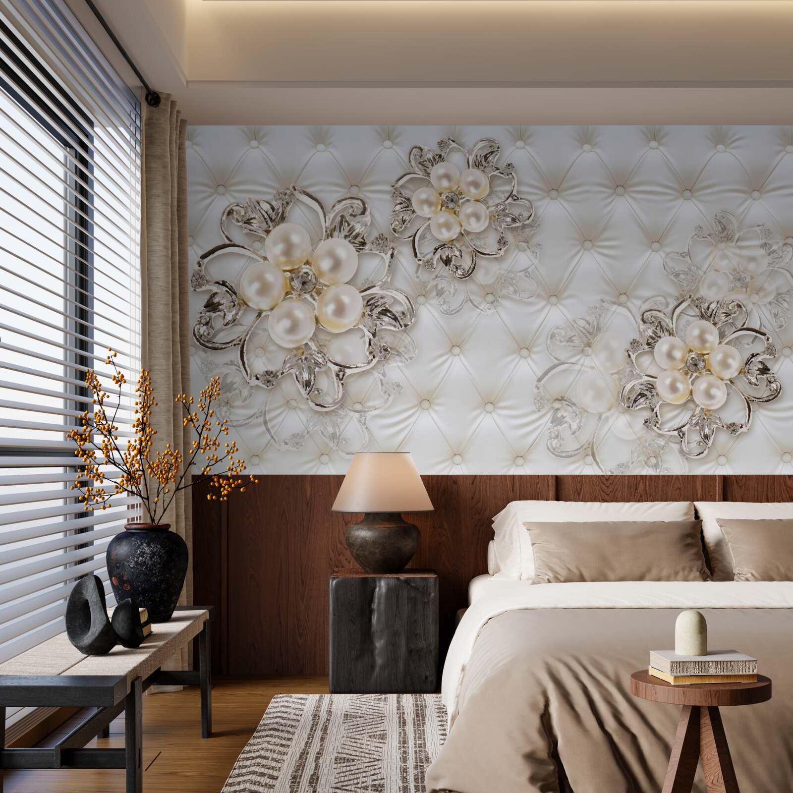 Papier peint Jolies nuances de perle et d'or dans les fleurs