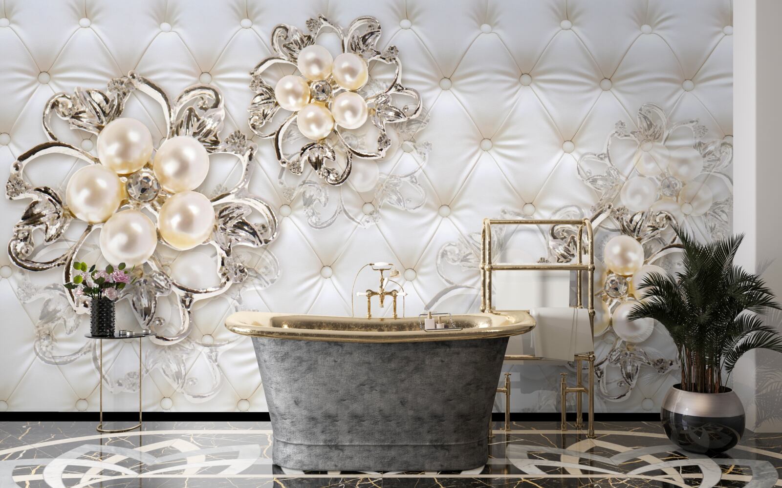 Papier peint Jolies nuances de perle et d'or dans les fleurs