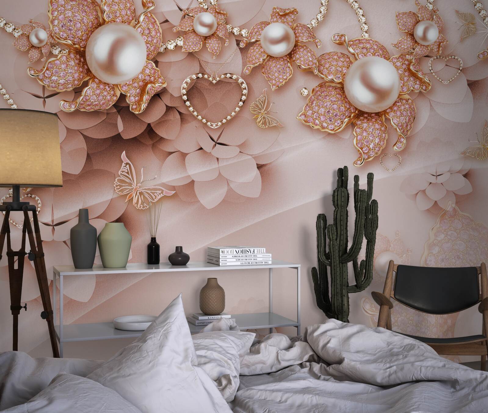 Papier peint perles en forme de fleur dans des montures en or