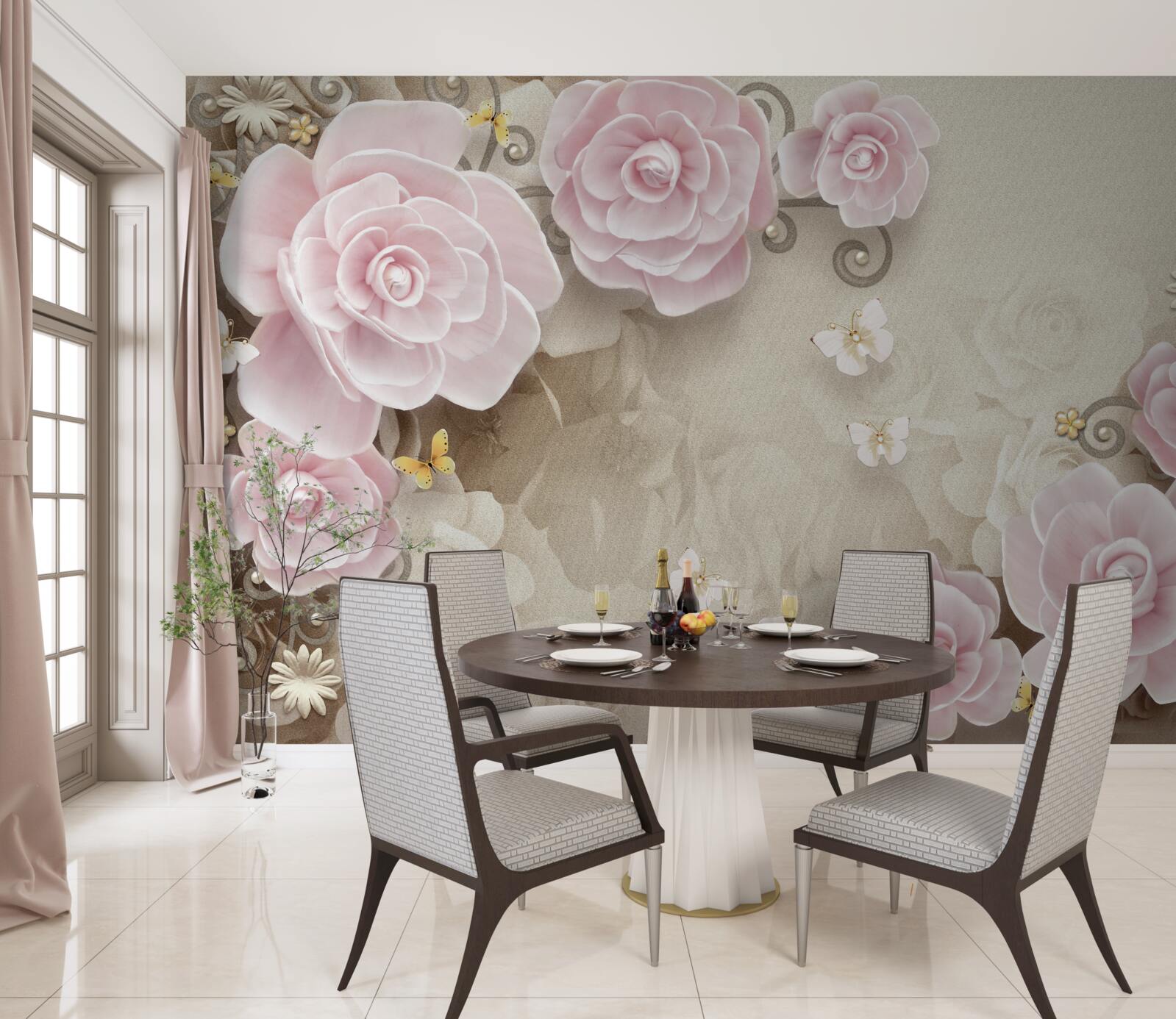 Papier peint roses douces dans les tons rosés avec des perles au centre