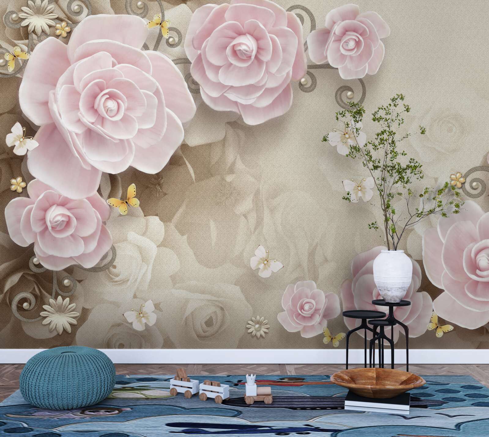 Papier peint roses douces dans les tons rosés avec des perles au centre