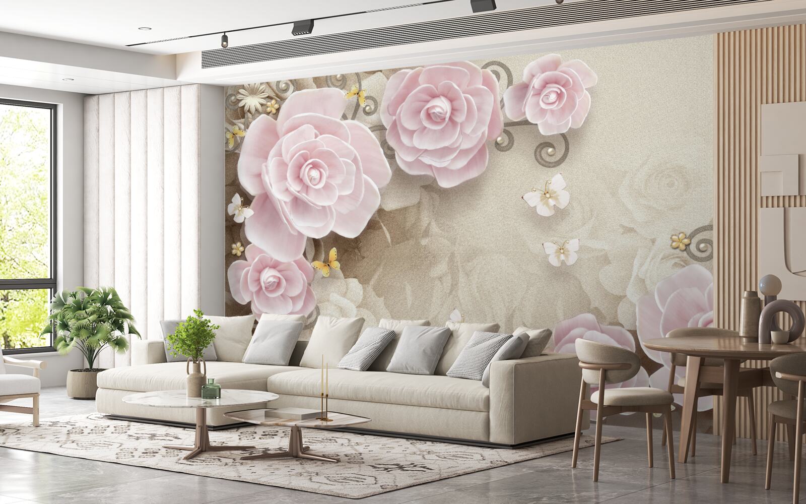 Papier peint roses douces dans les tons rosés avec des perles au centre