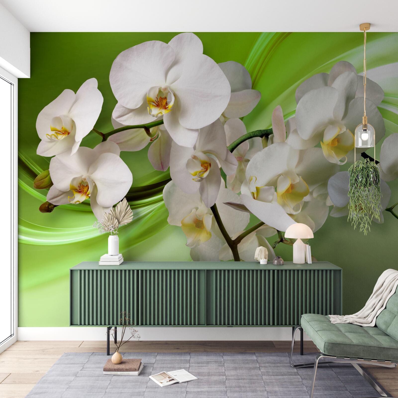 Papier peint orchidée blanche sur fond vert