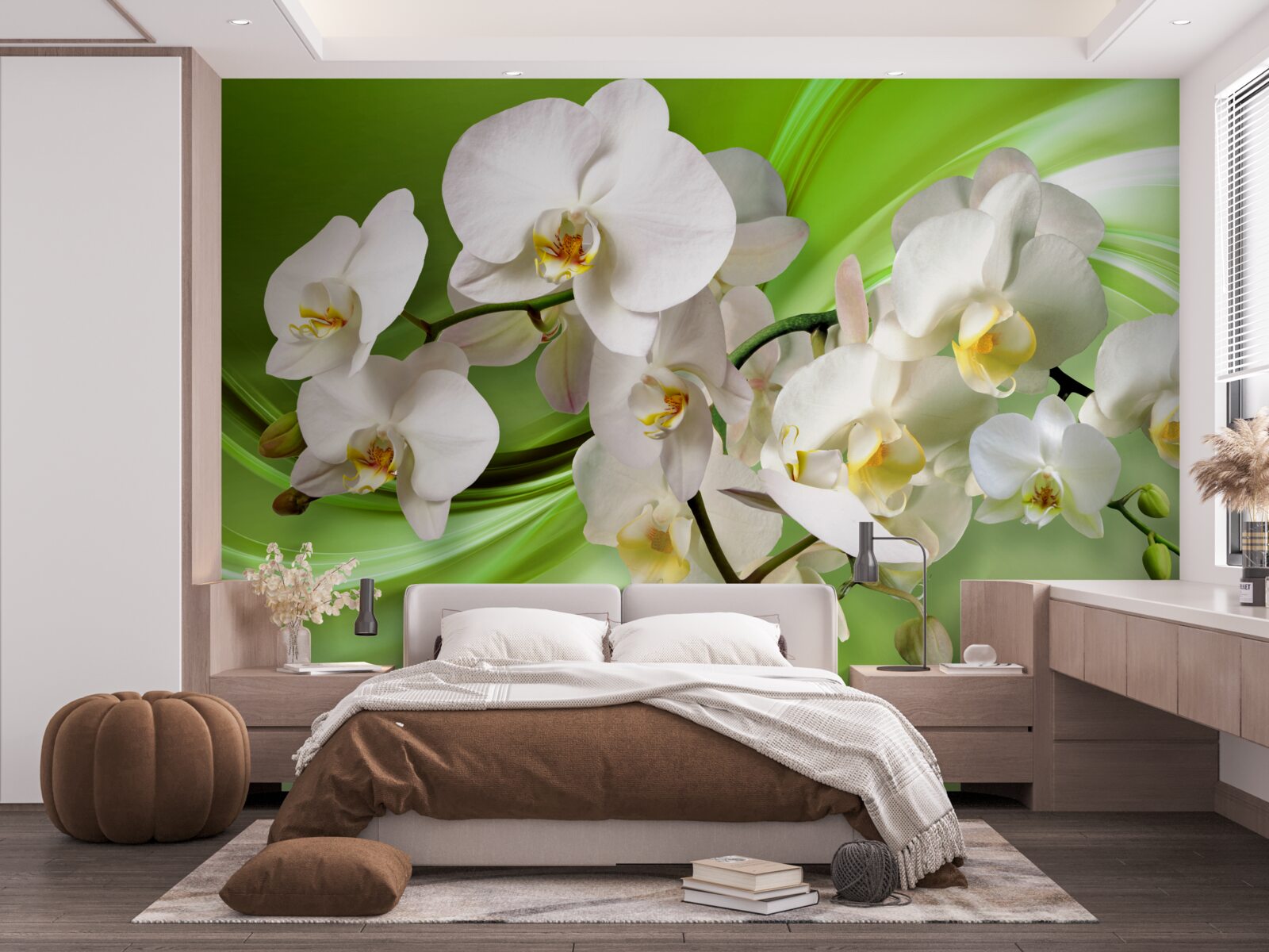 Papier peint orchidée blanche sur fond vert