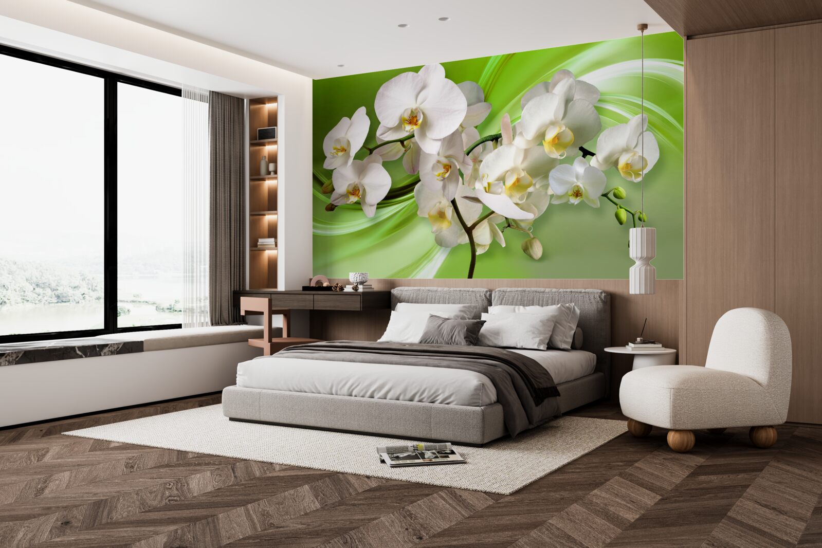 Papier peint orchidée blanche sur fond vert