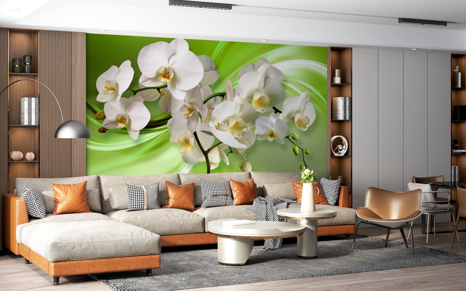 Papier peint orchidée blanche sur fond vert