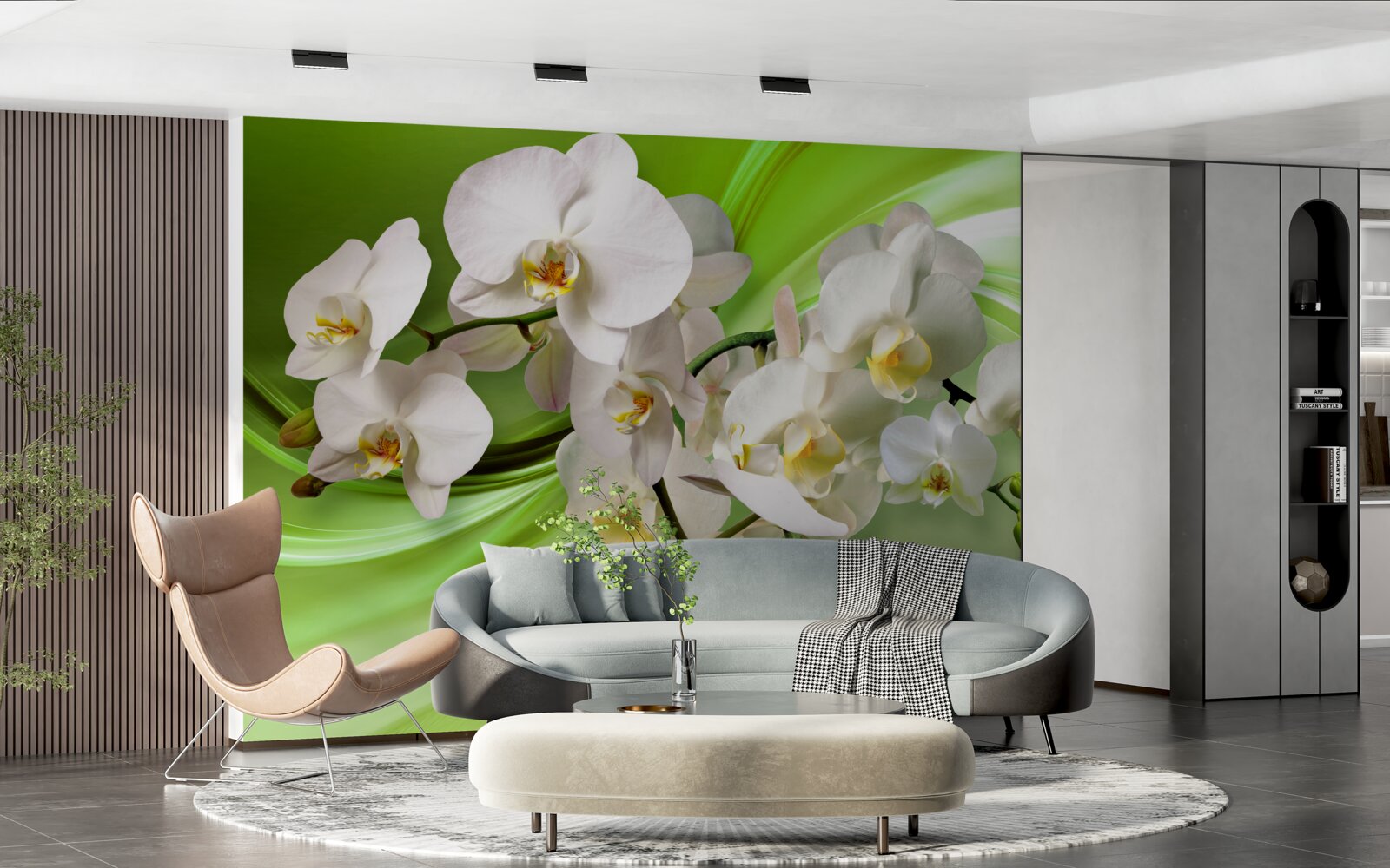 Papier peint orchidée blanche sur fond vert
