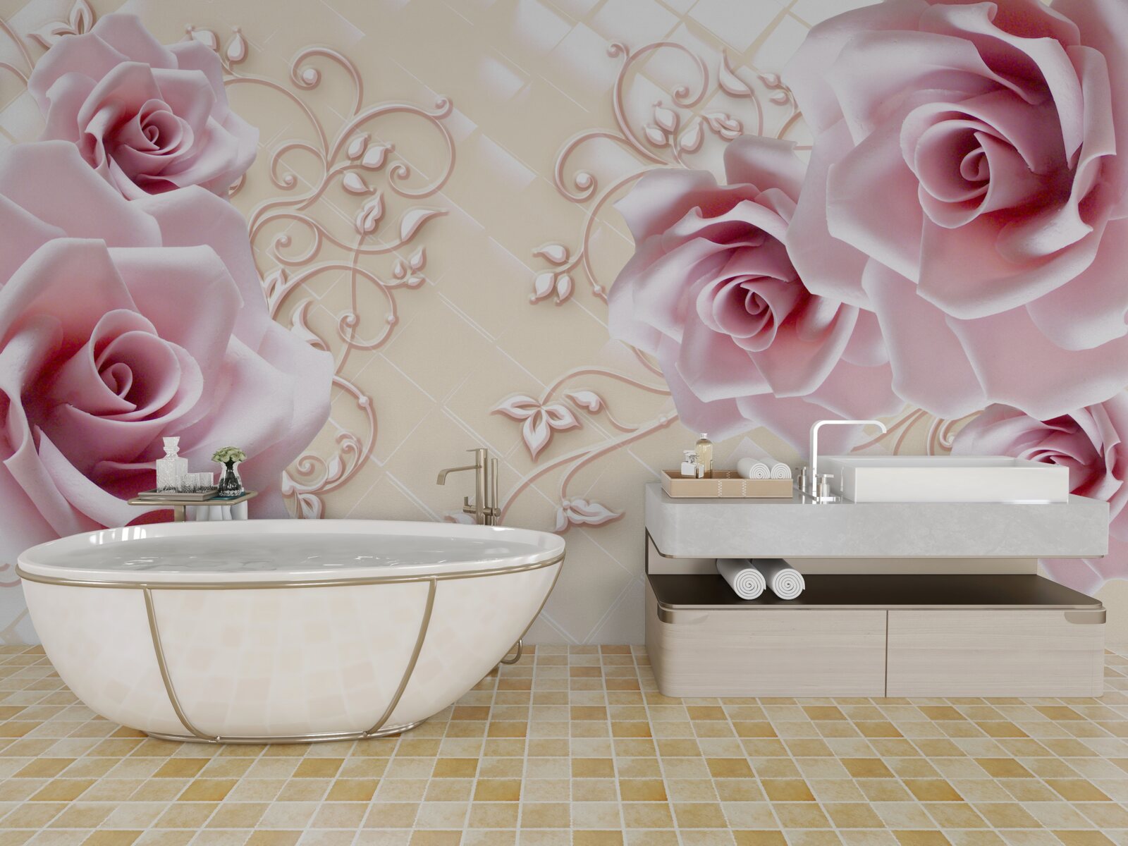 Papier peint roses poudrées
