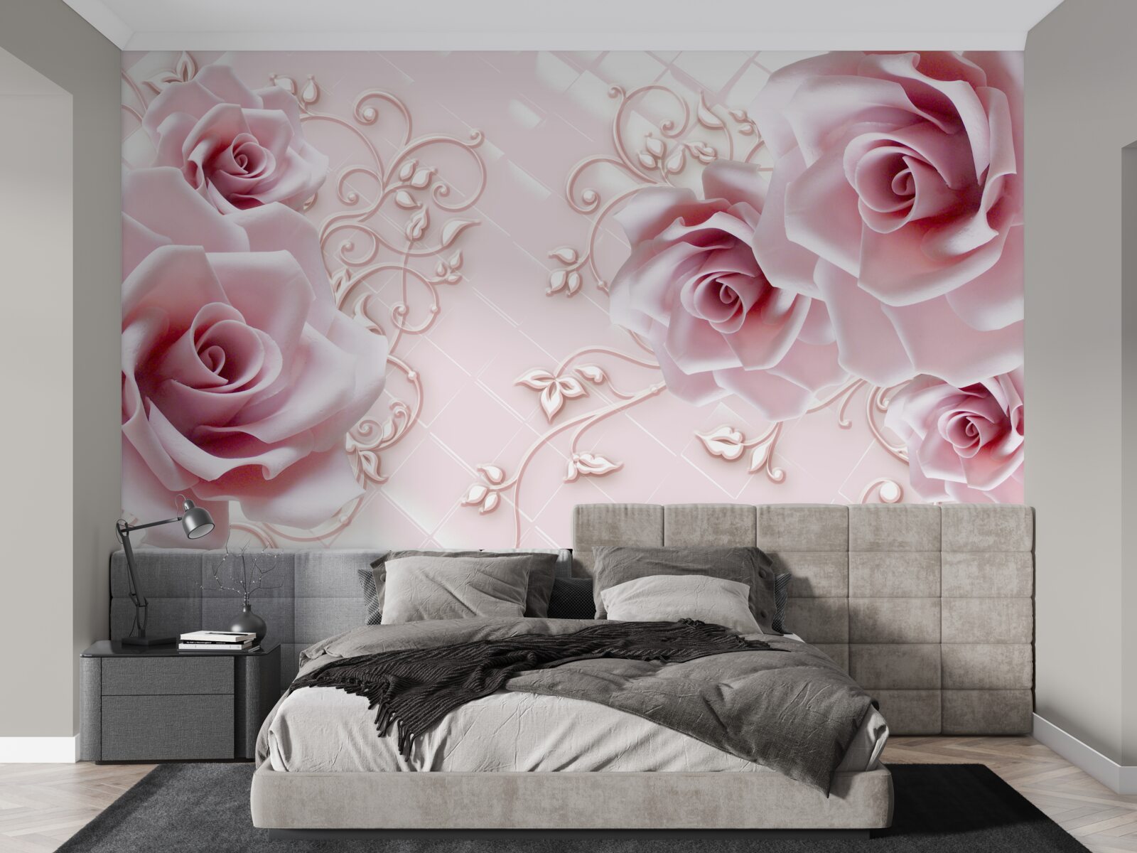 Papier peint boutons de rose rose tendre saupoudrés d'or