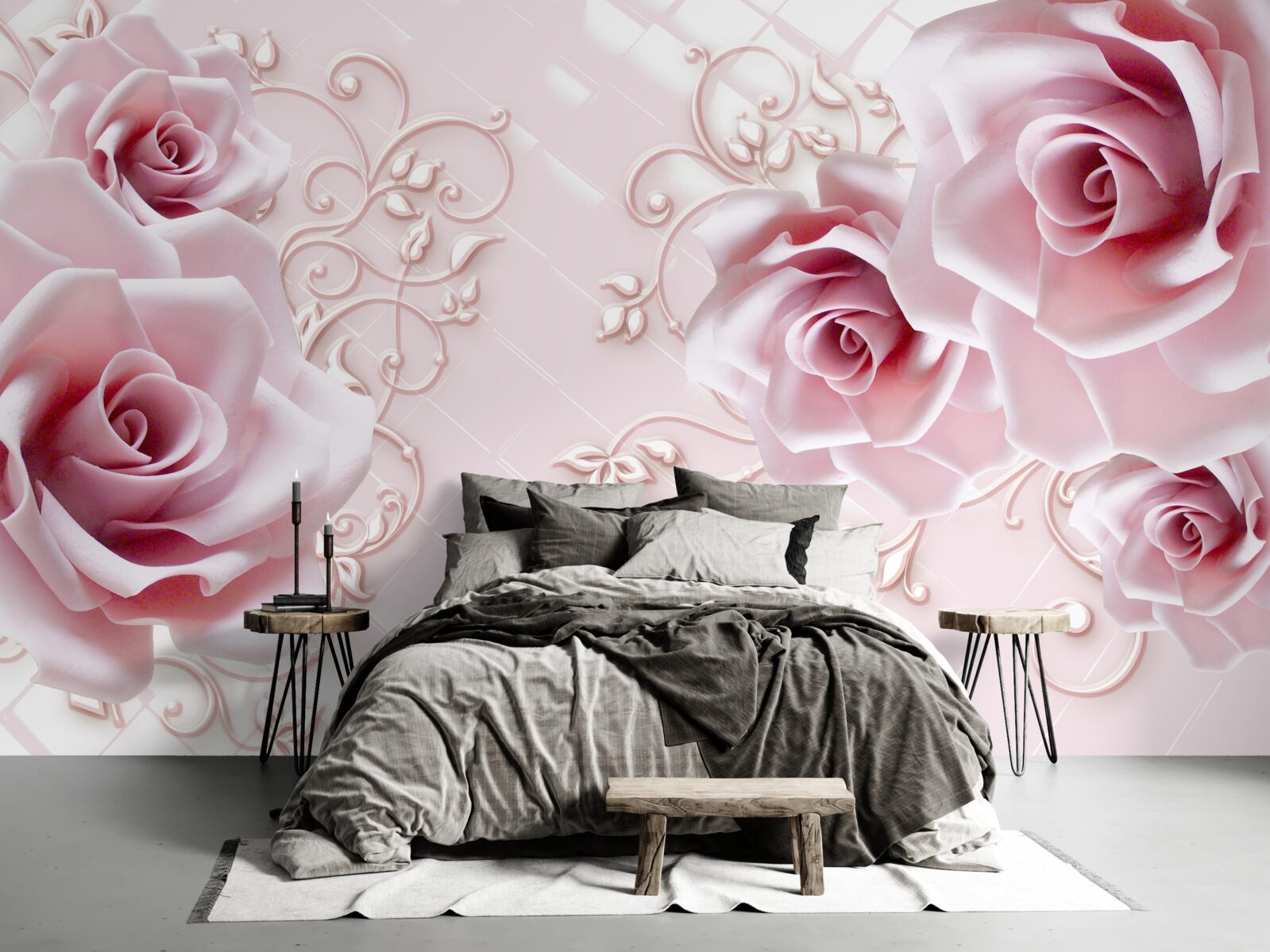 Papier peint boutons de rose rose tendre saupoudrés d'or