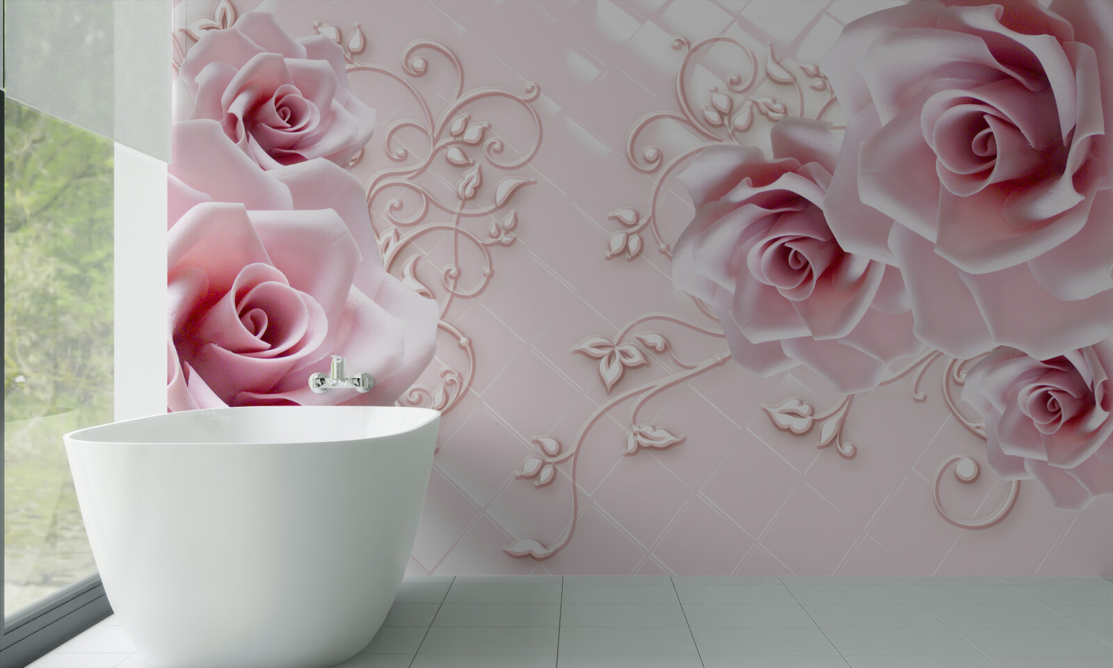 Papier peint boutons de rose rose tendre saupoudrés d'or