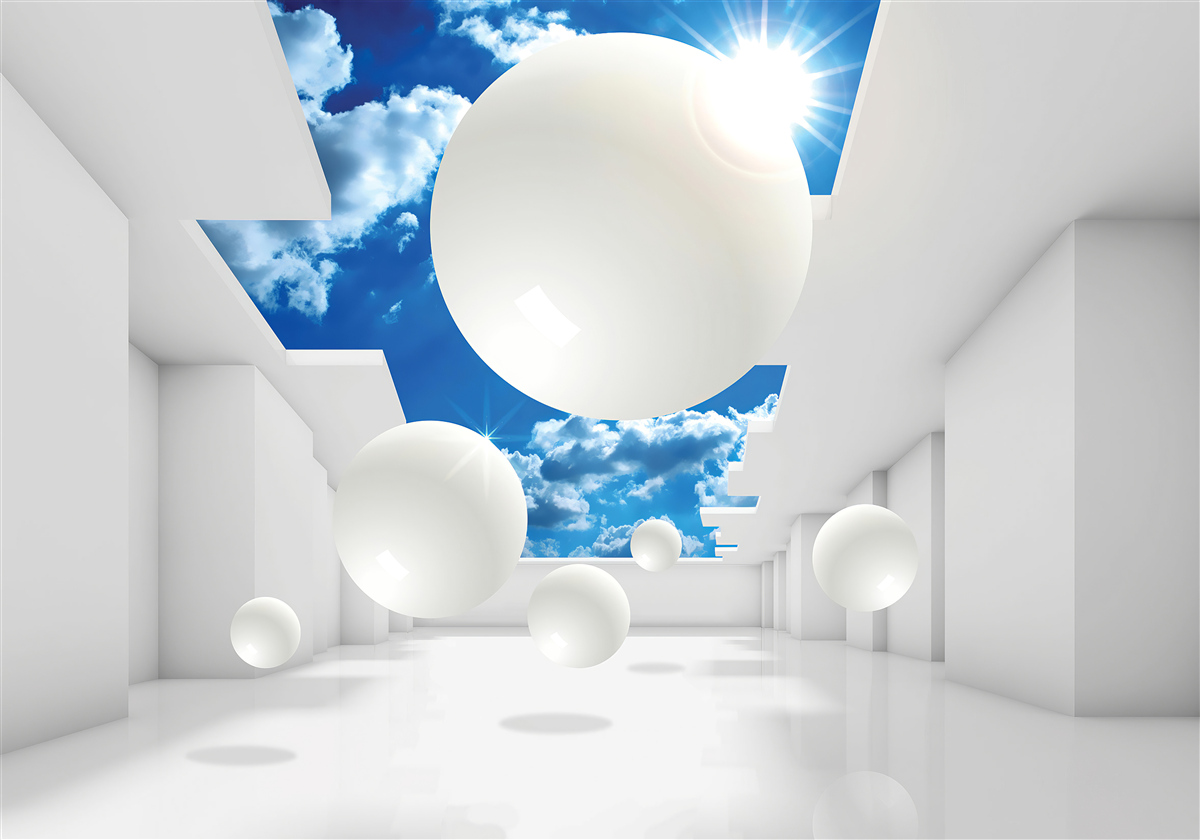 Papier peint grandes boules blanches sur fond de ciel et de soleil