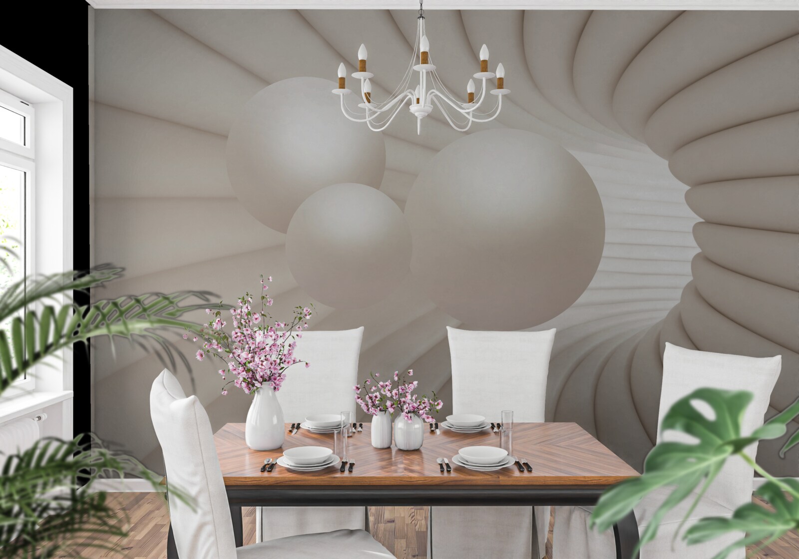 Papier peint tunnel abstrait dans lequel s'engouffrent des boules roses