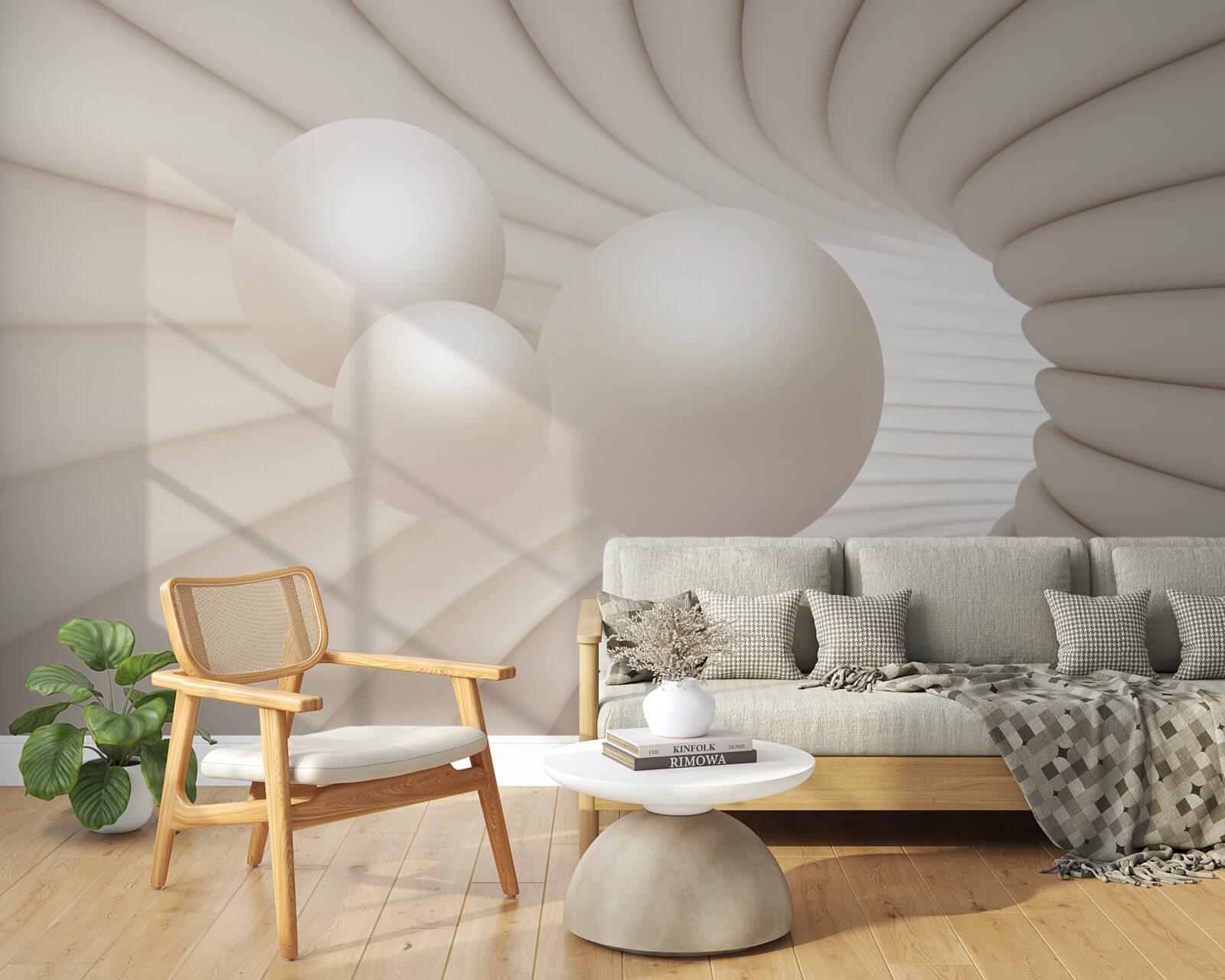 Papier peint tunnel abstrait dans lequel s'engouffrent des boules roses