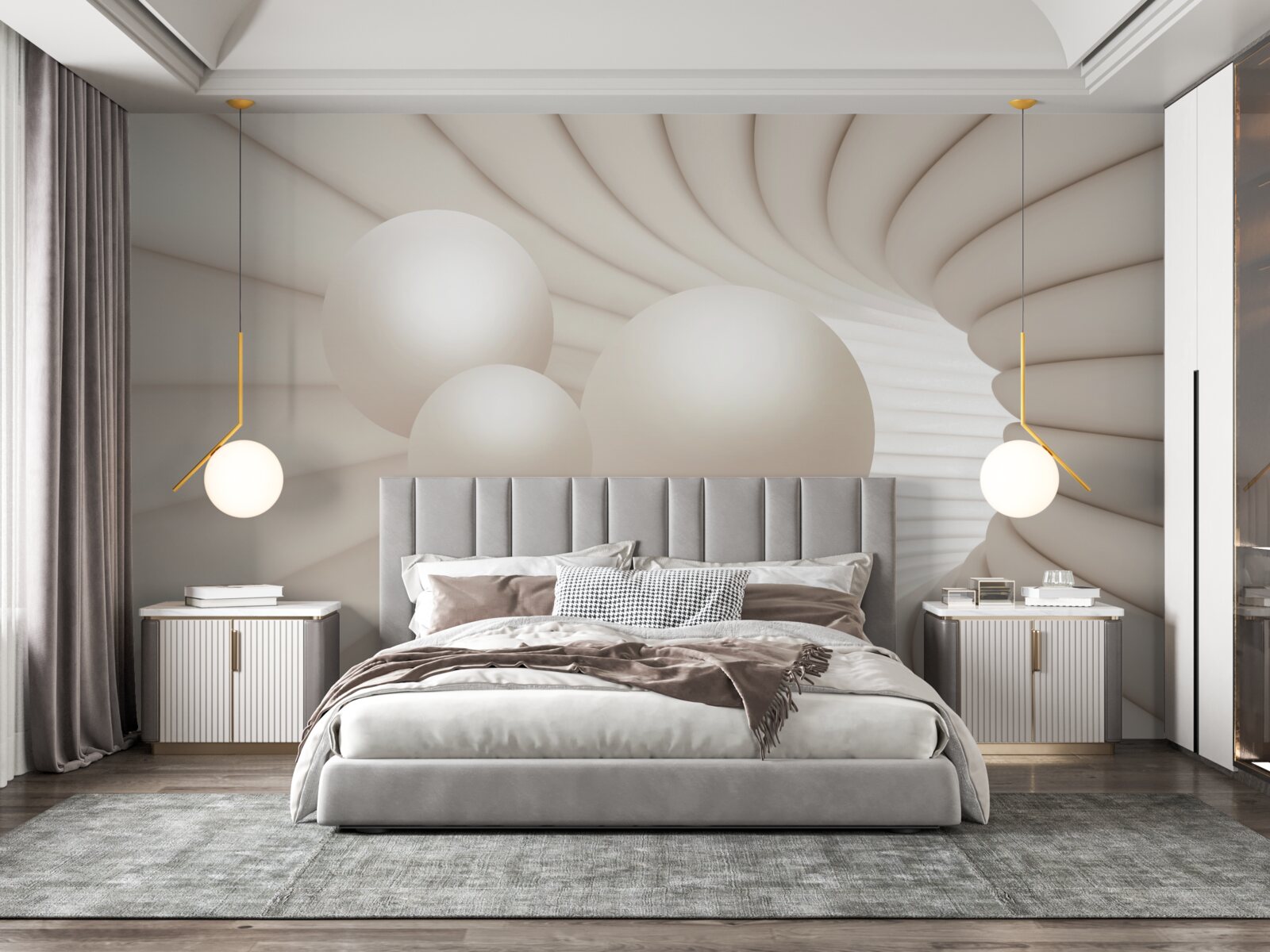 Papier peint tunnel abstrait dans lequel s'engouffrent des boules roses