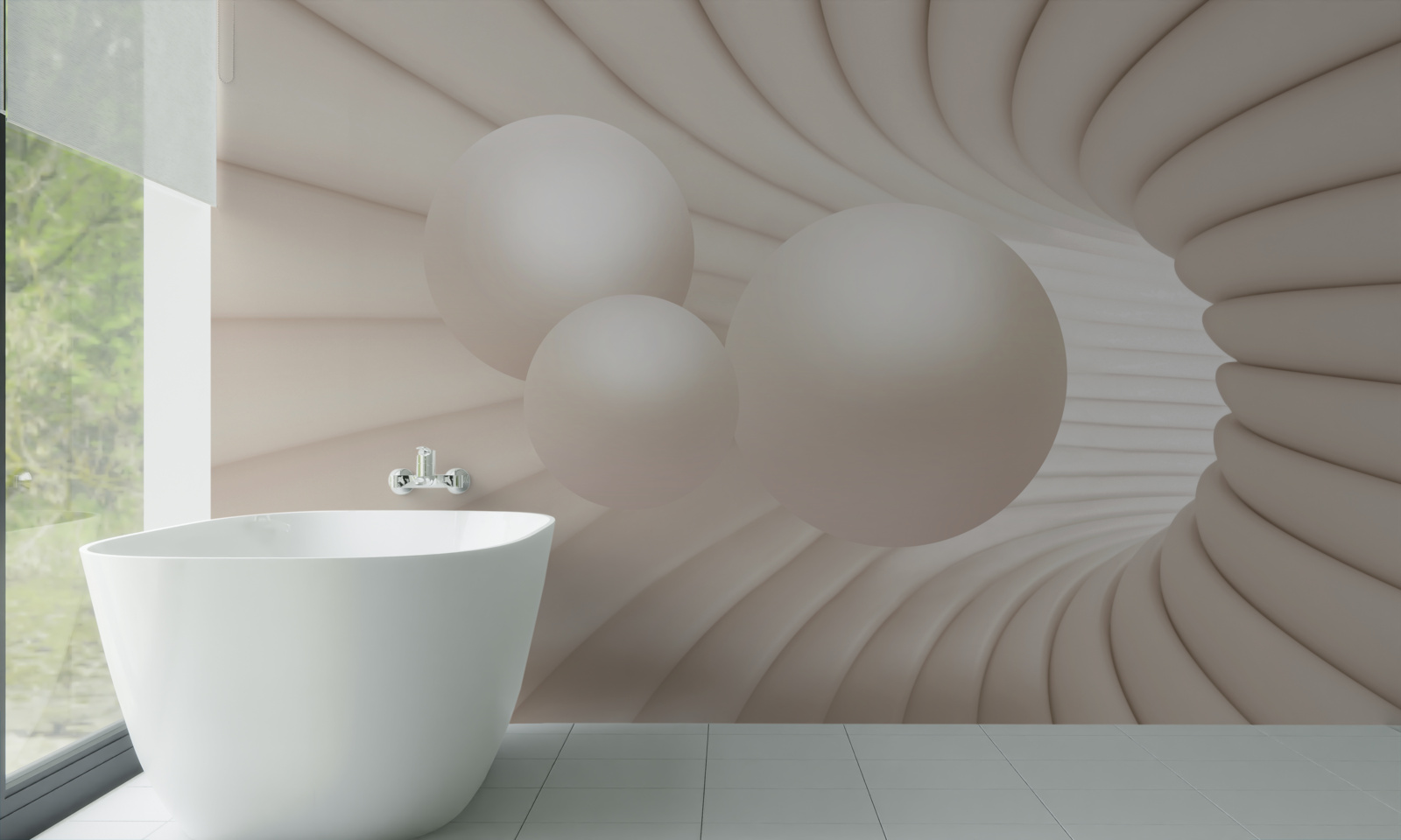 Papier peint tunnel abstrait dans lequel s'engouffrent des boules roses