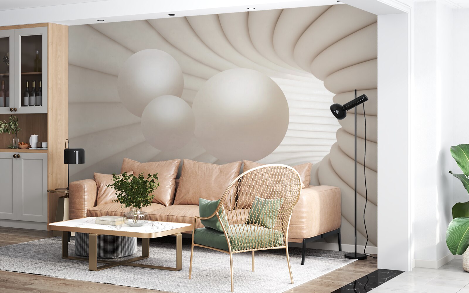 Papier peint tunnel abstrait dans lequel s'engouffrent des boules roses