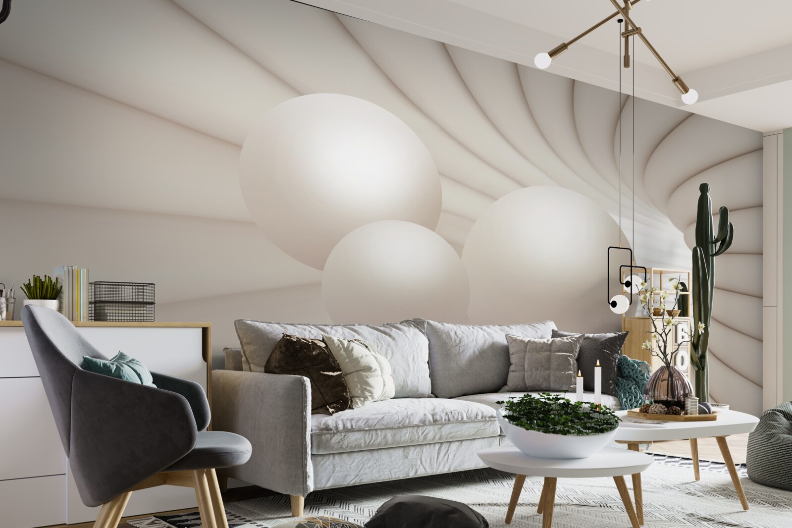 Papier peint tunnel abstrait dans lequel s'engouffrent des boules roses
