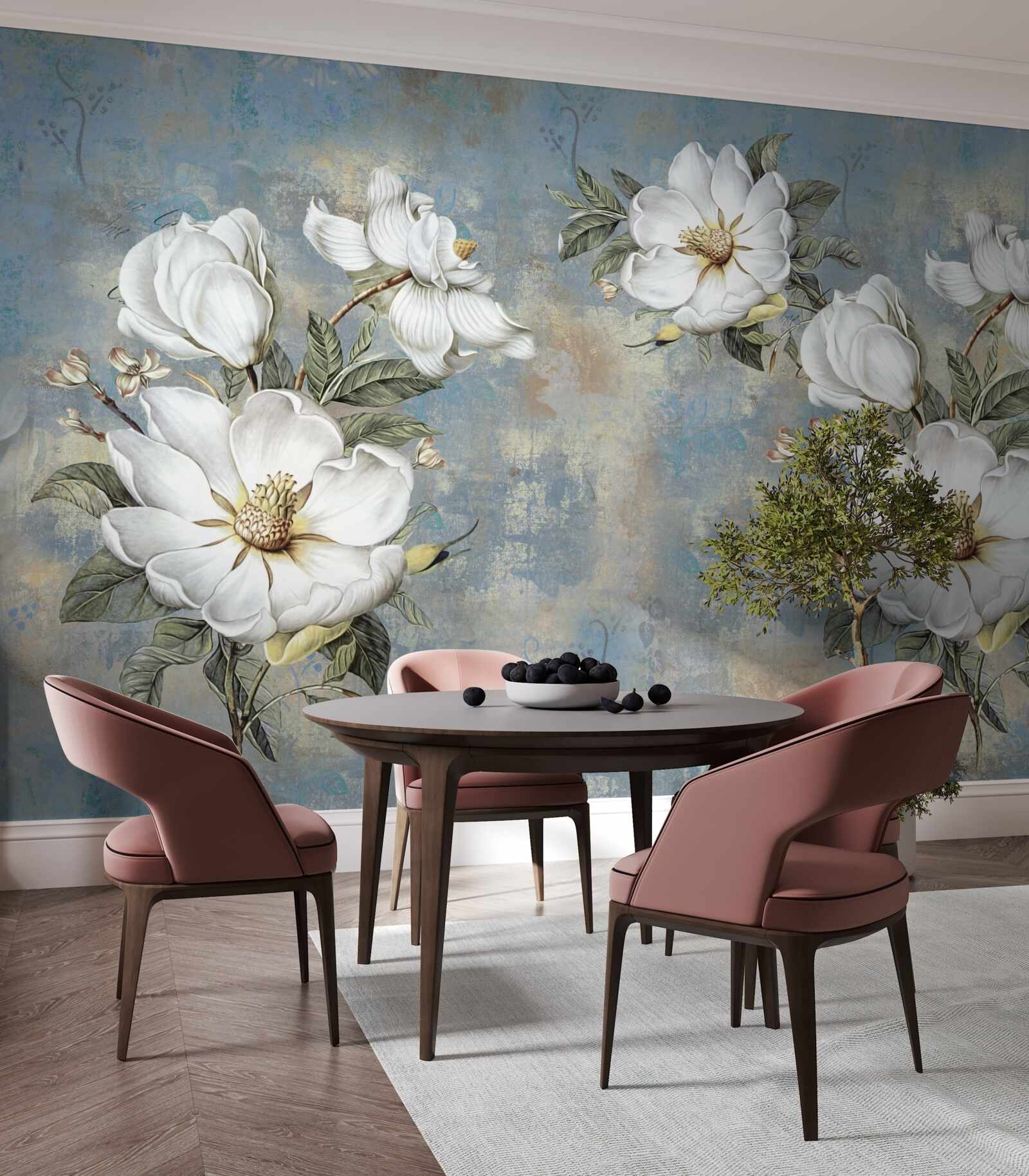 Papier peint des fleurs blanches s'épanouissent sur le mur peint
