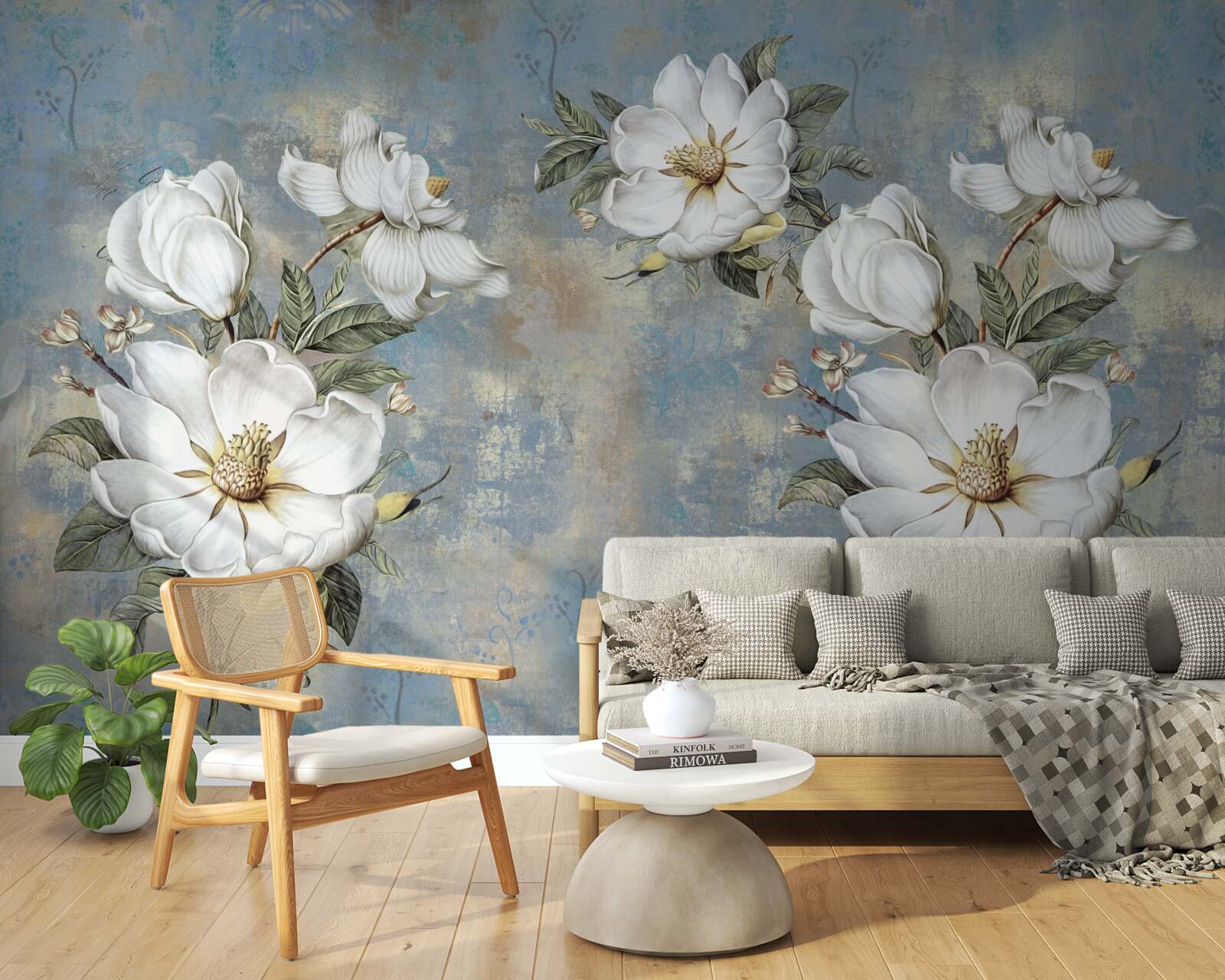 Papier peint des fleurs blanches s'épanouissent sur le mur peint