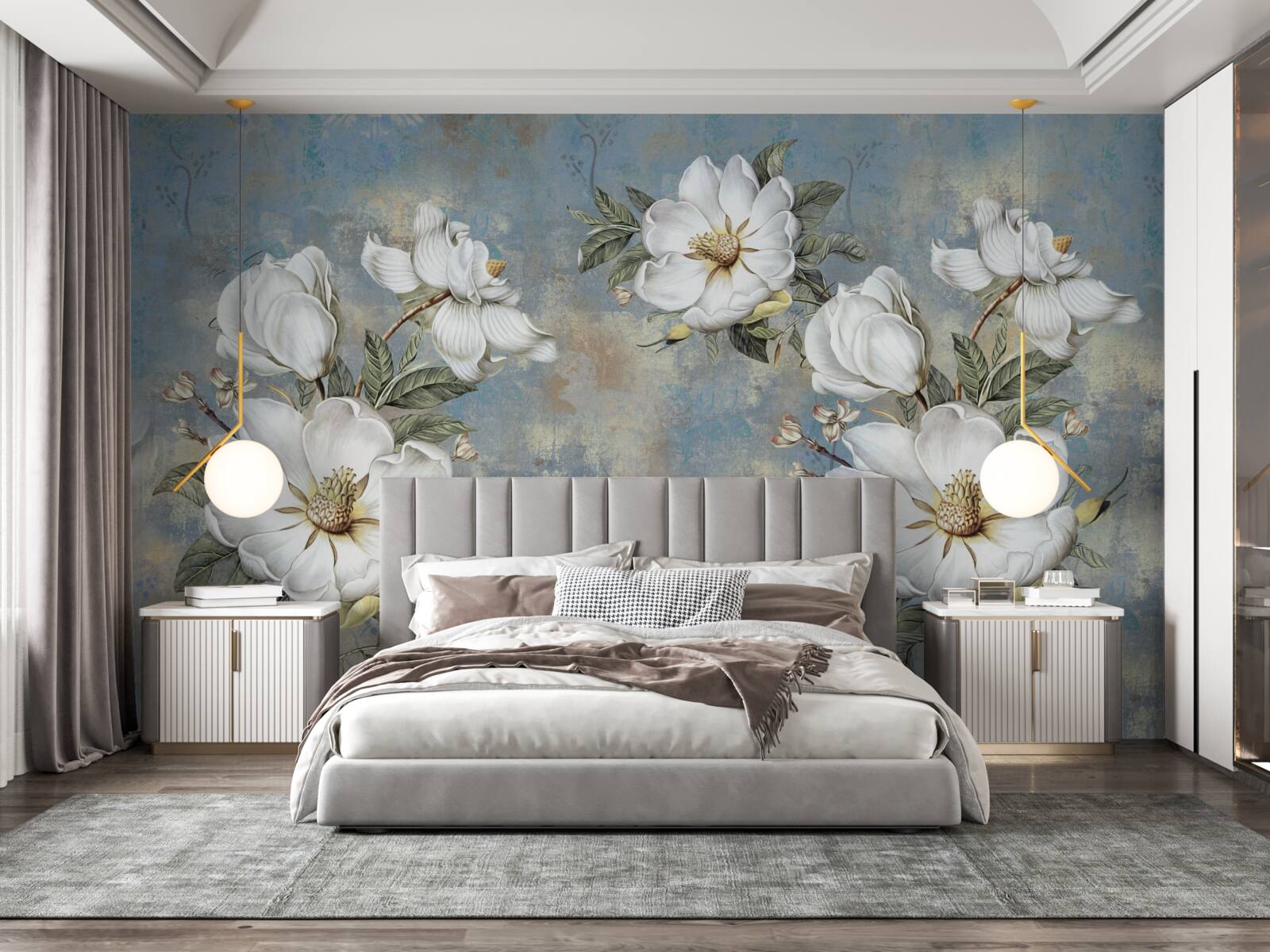 Papier peint des fleurs blanches s'épanouissent sur le mur peint