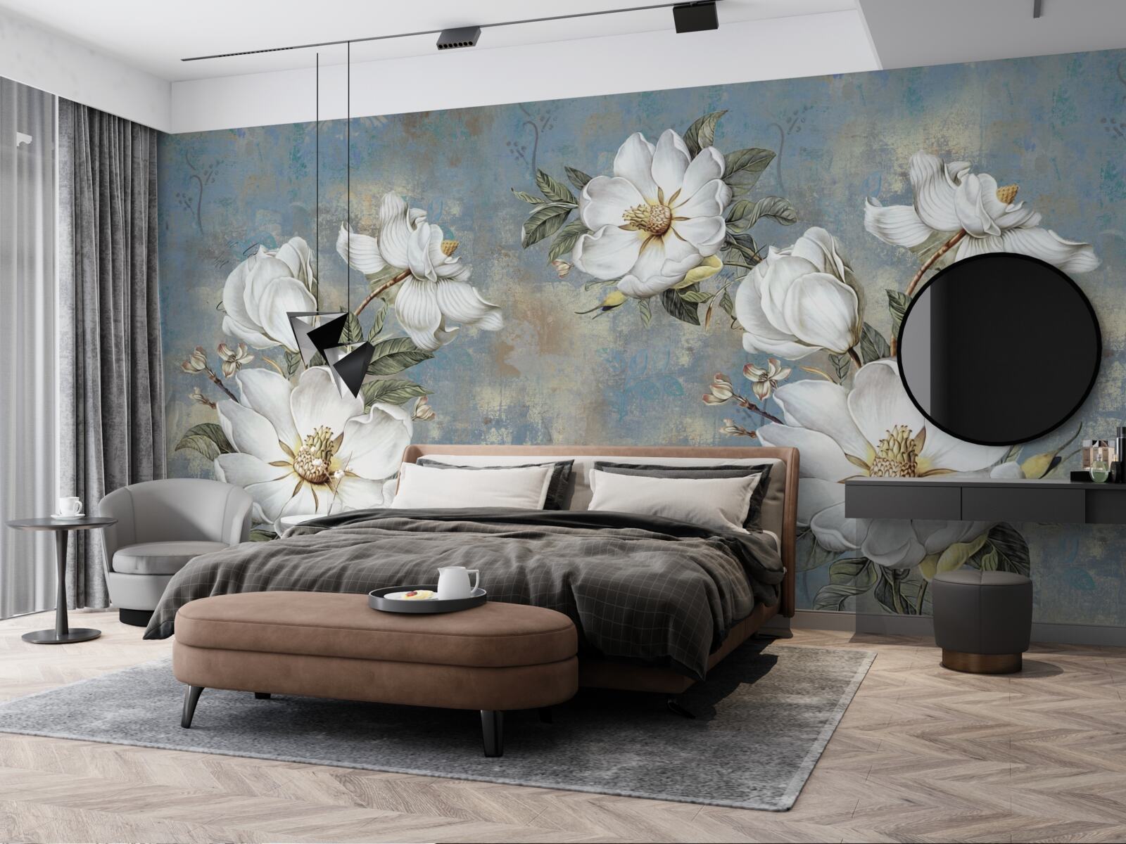 Papier peint des fleurs blanches s'épanouissent sur le mur peint