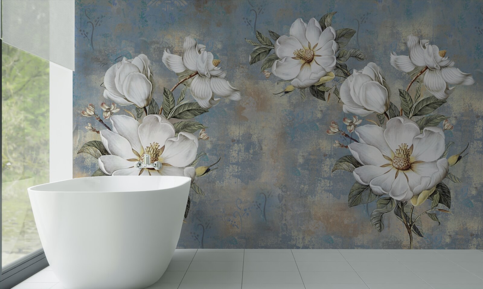 Papier peint des fleurs blanches s'épanouissent sur le mur peint