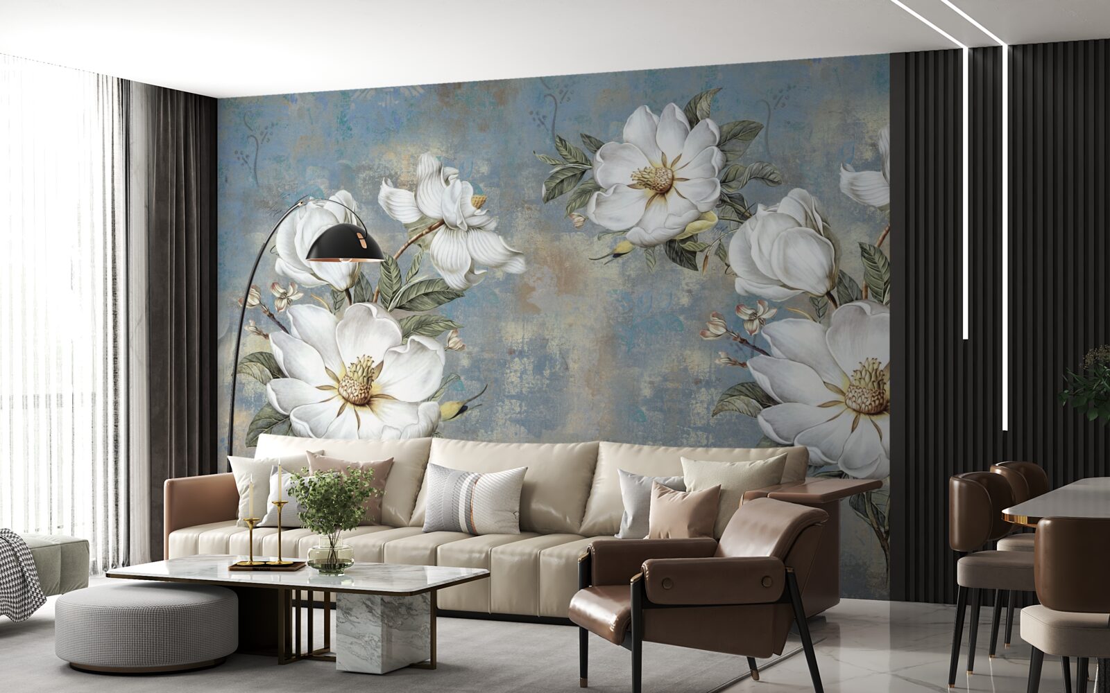 Papier peint des fleurs blanches s'épanouissent sur le mur peint