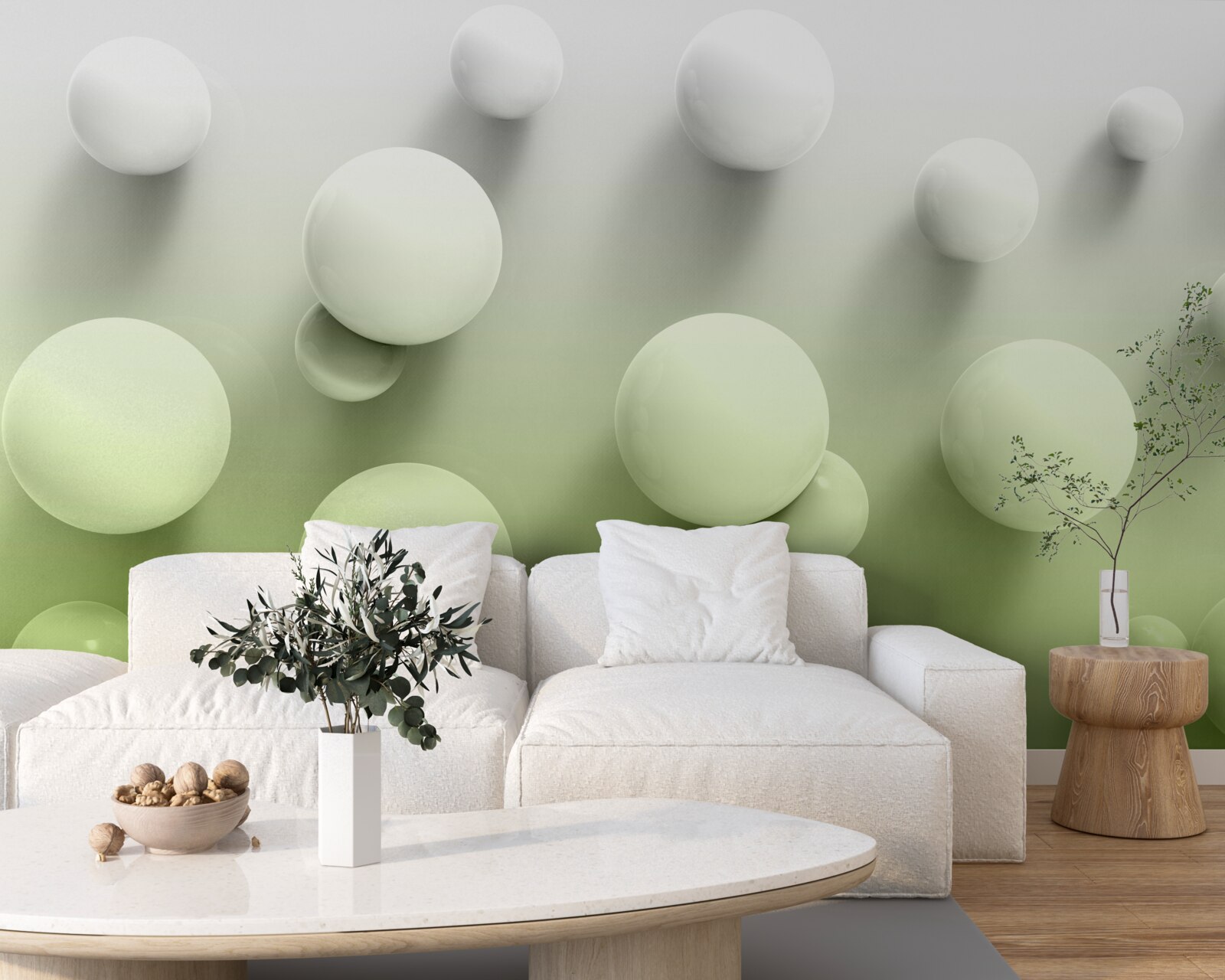 Papier peint boules blanches flottantes en dégradé