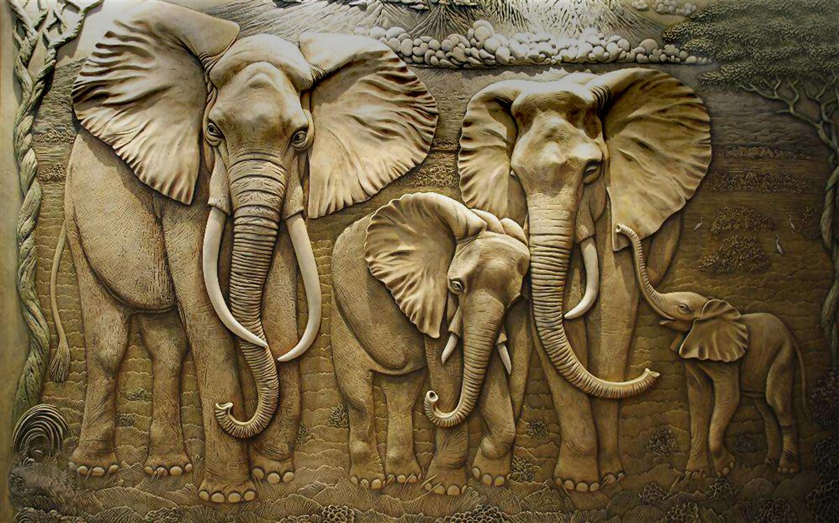 Papier peint famille d'éléphants en sculpture