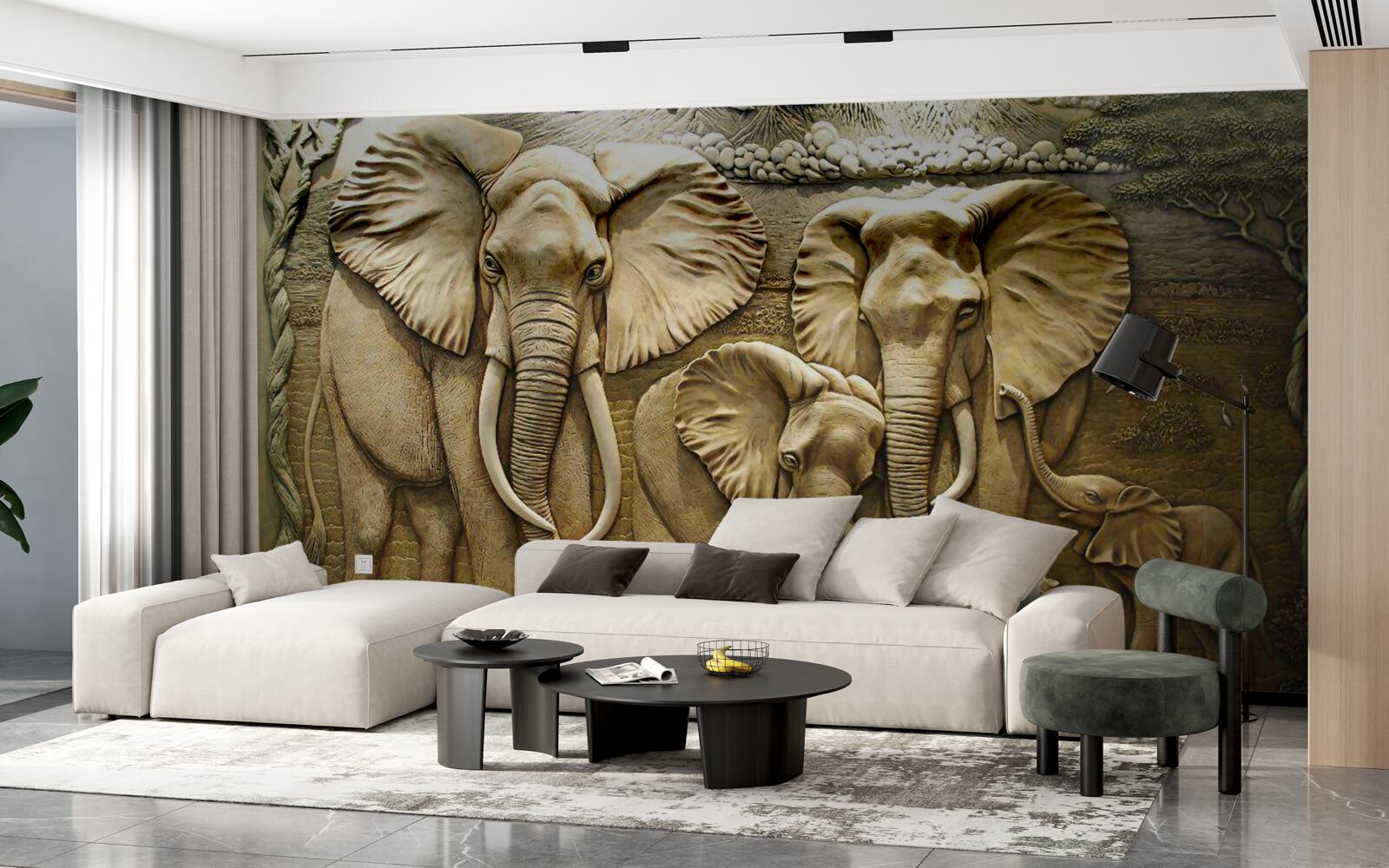 Papier peint famille d'éléphants en sculpture