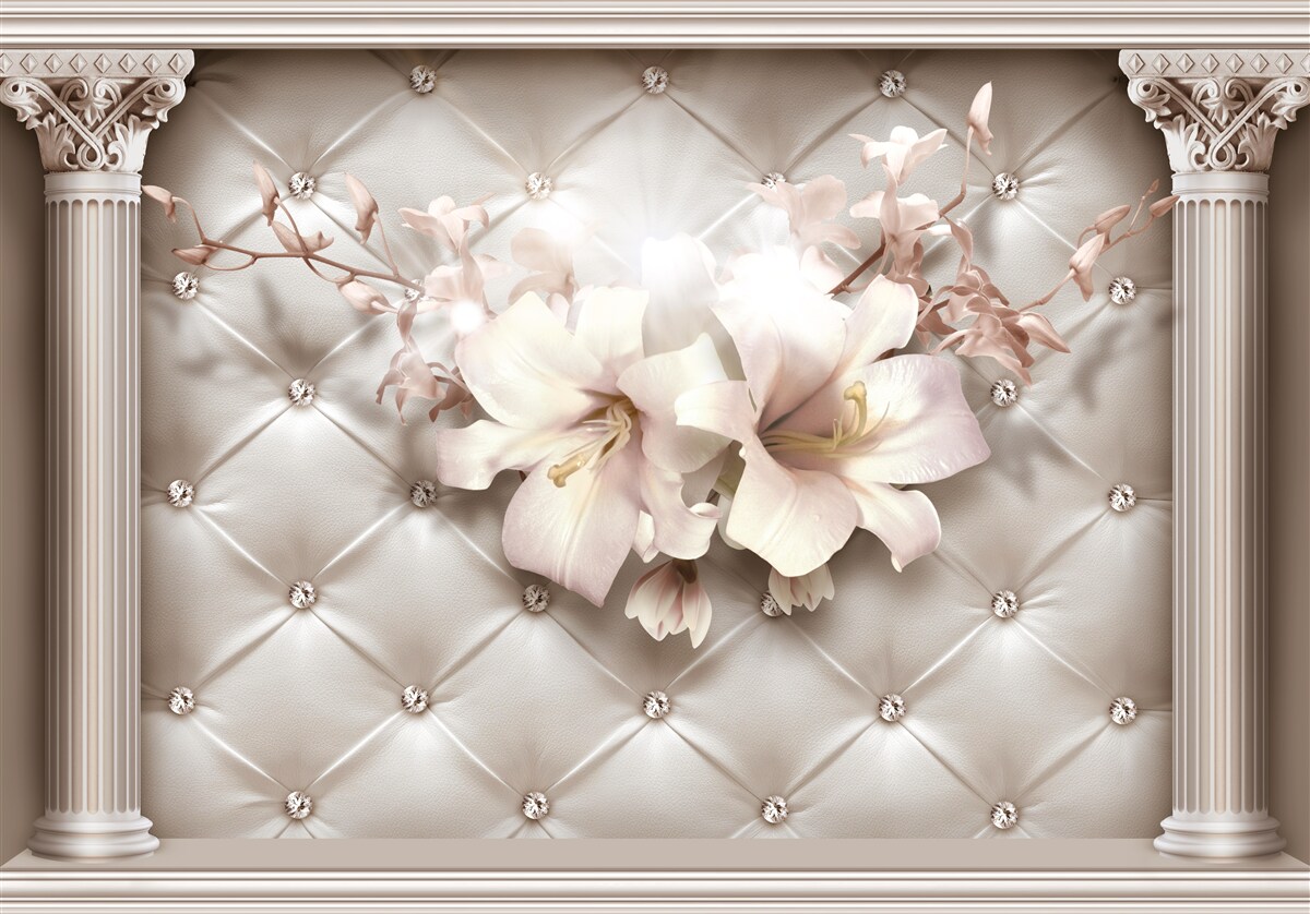 Papier peint nœuds décorés de lys blancs et de perles