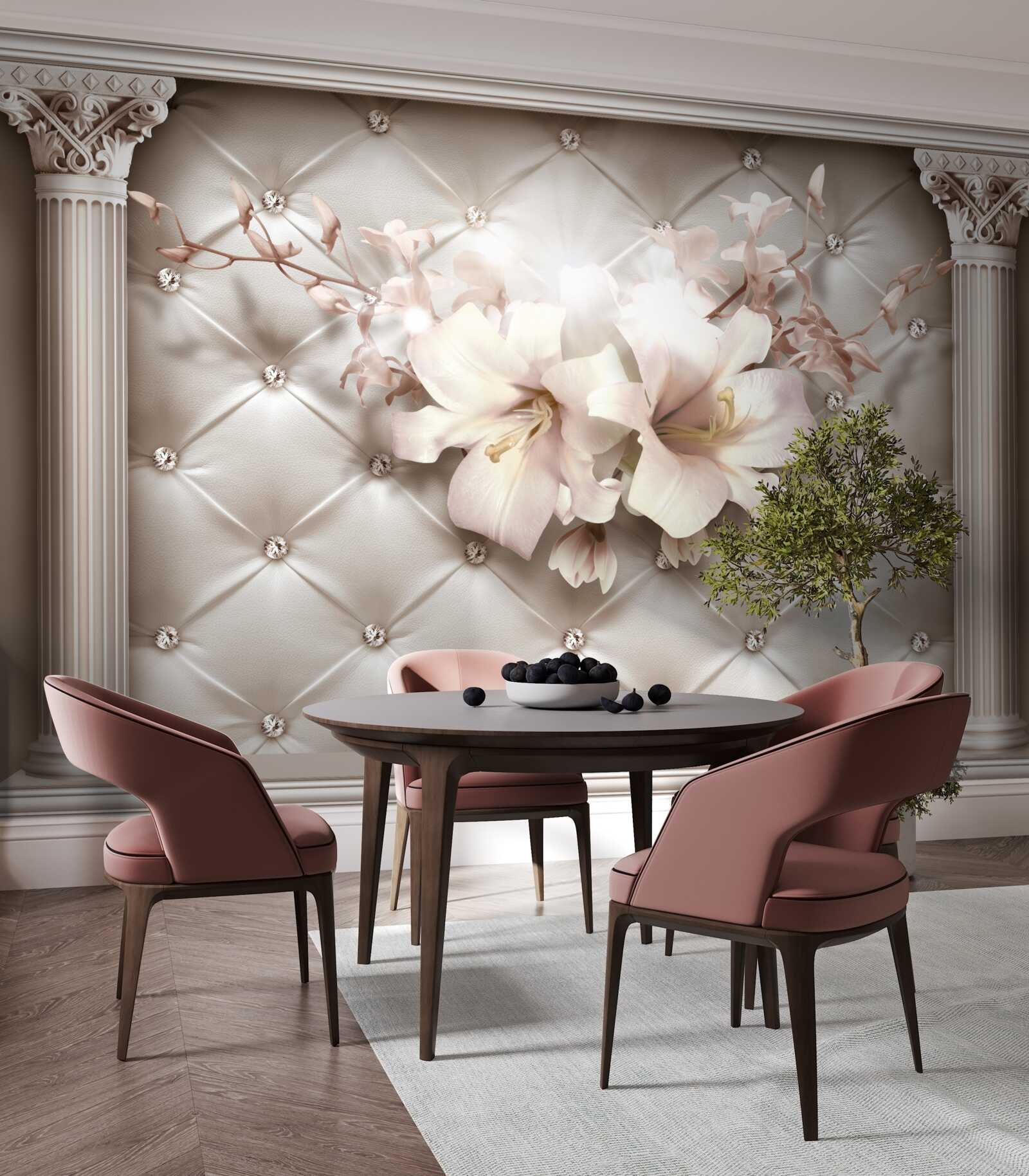 Papier peint nœuds décorés de lys blancs et de perles