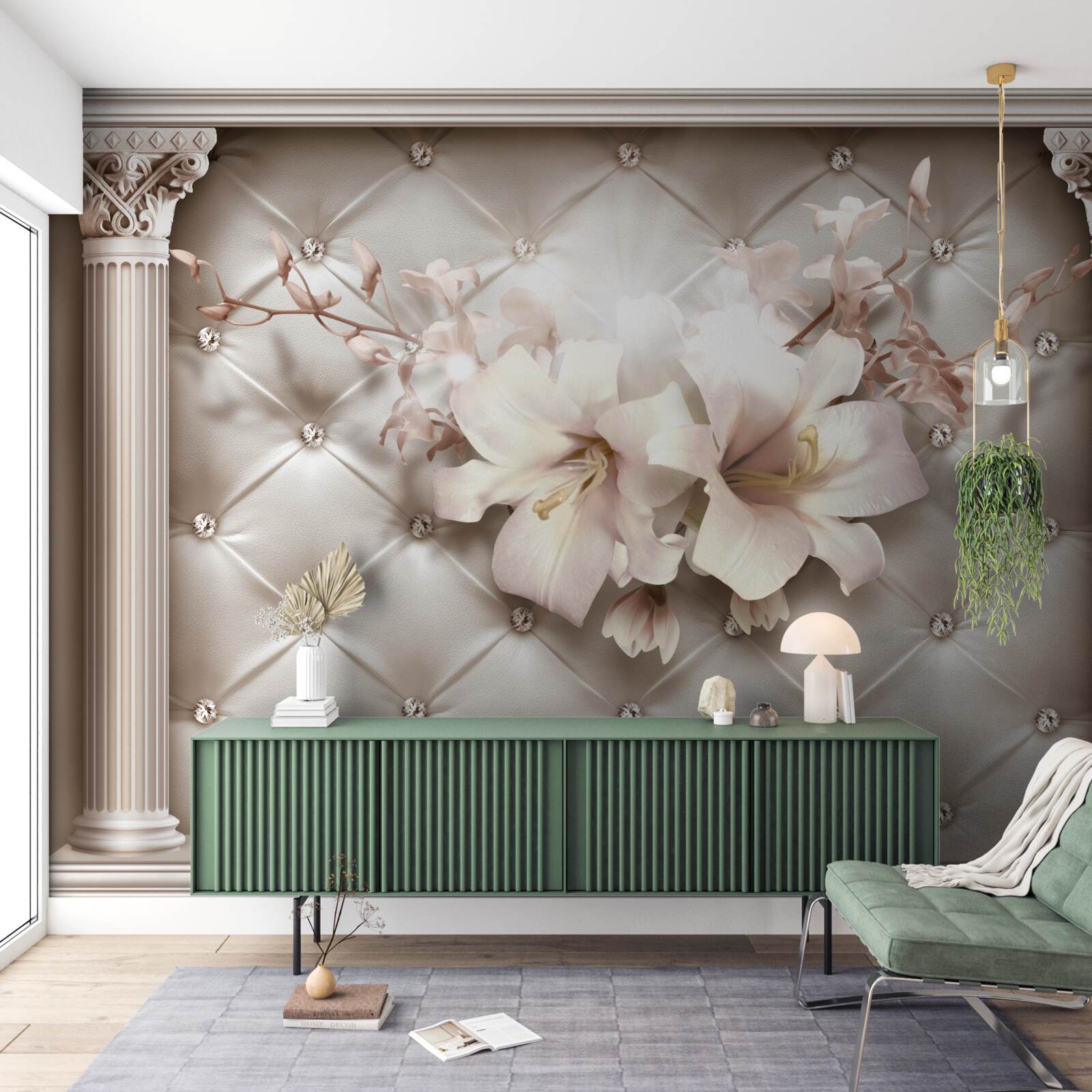 Papier peint nœuds décorés de lys blancs et de perles