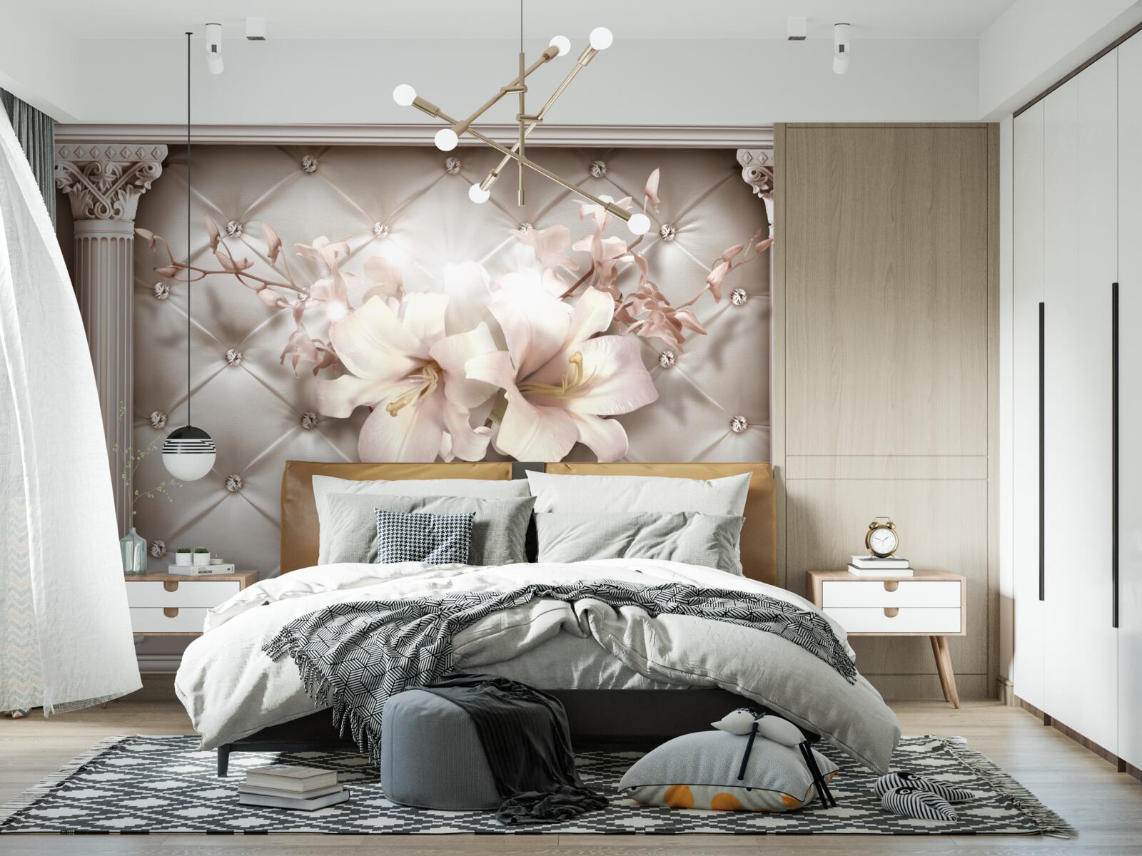 Papier peint nœuds décorés de lys blancs et de perles