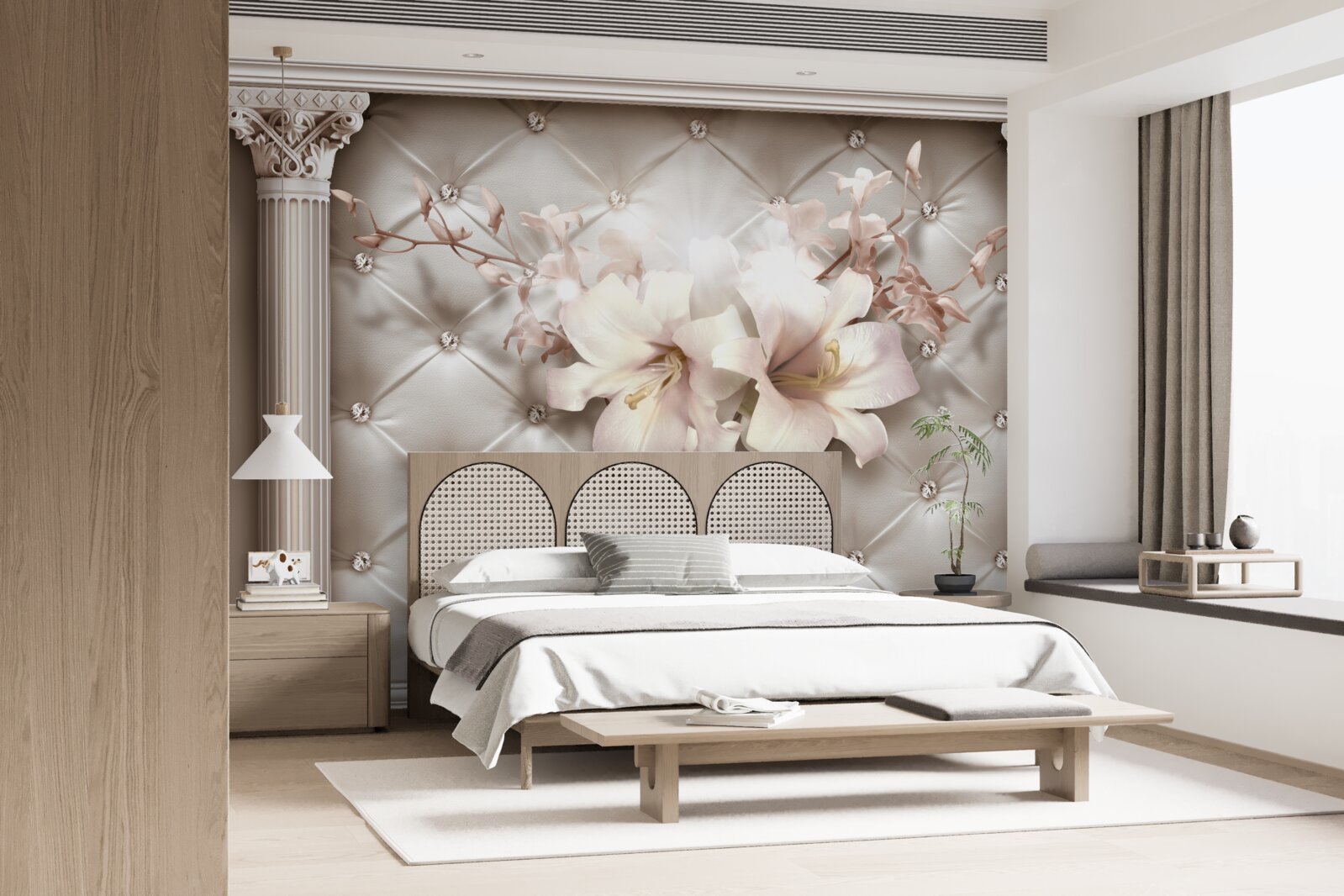 Papier peint nœuds décorés de lys blancs et de perles