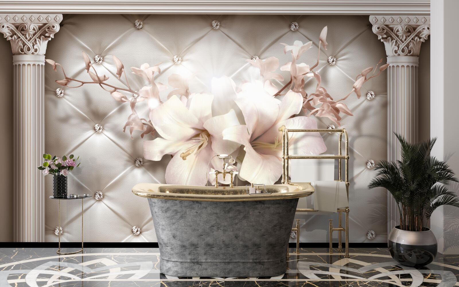 Papier peint nœuds décorés de lys blancs et de perles