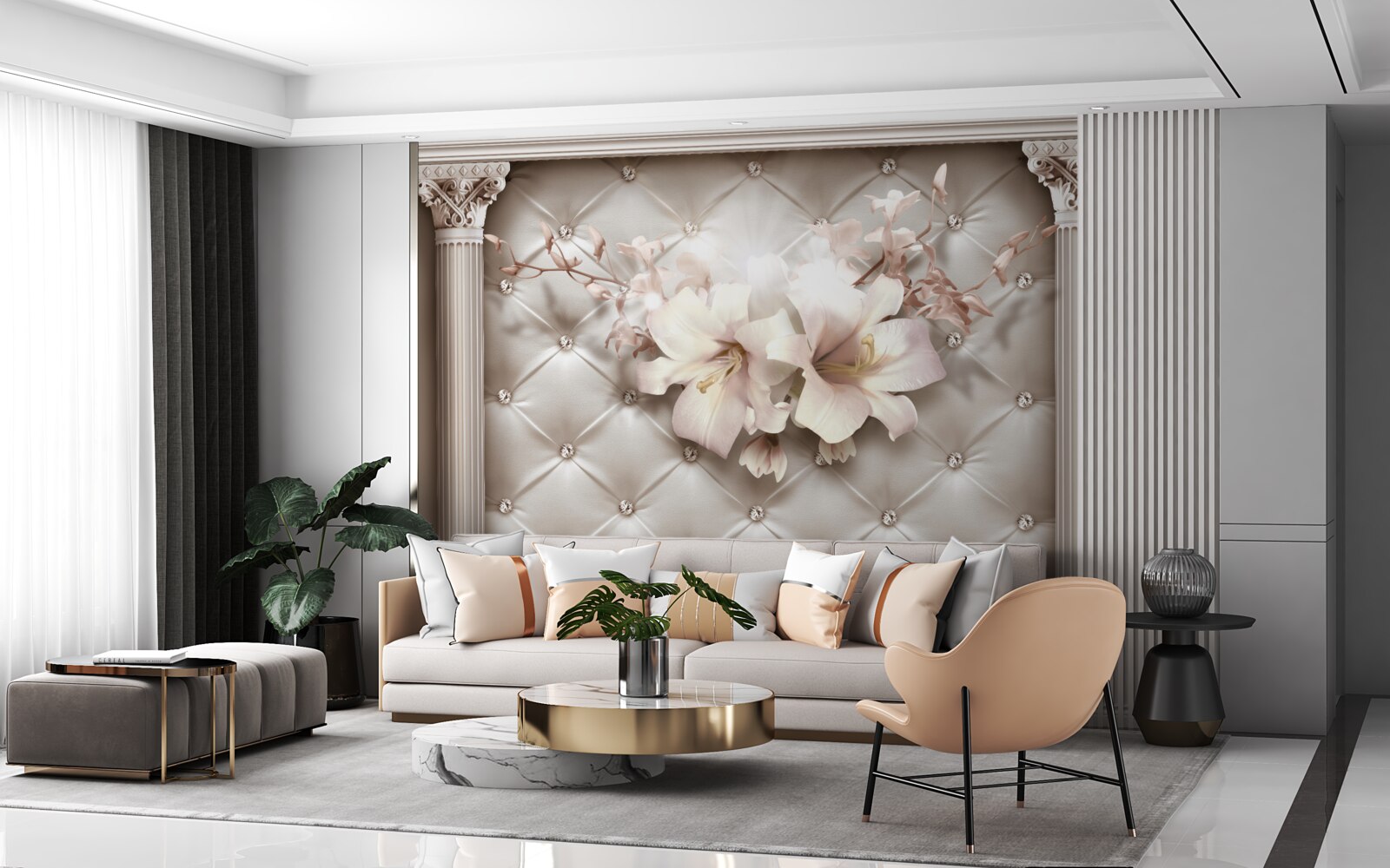 Papier peint nœuds décorés de lys blancs et de perles