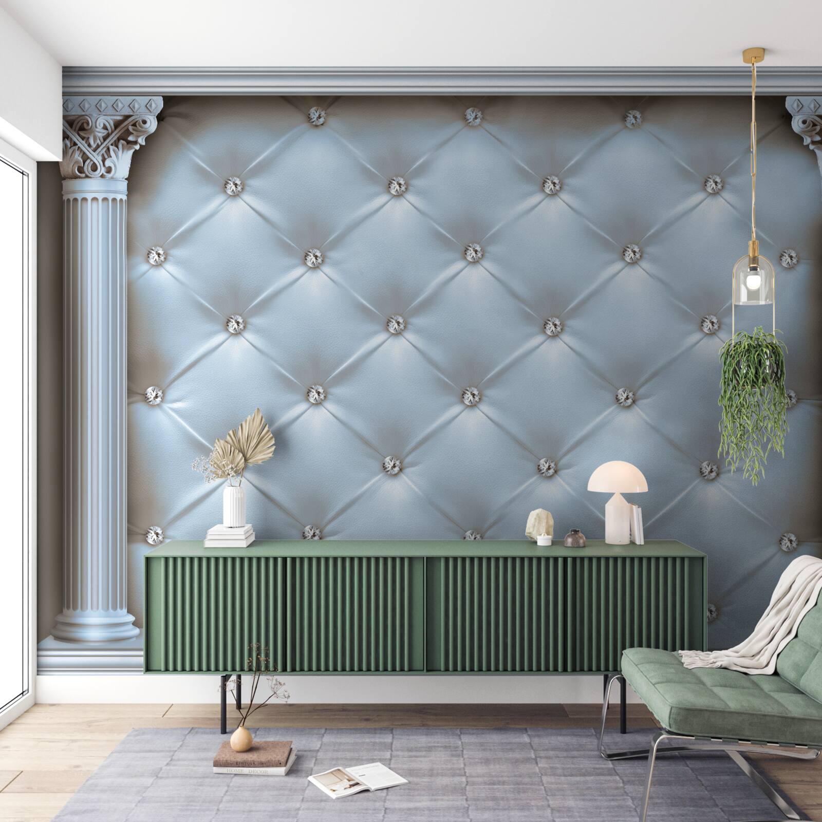 Papier peint L'arche est décorée d'un tissu d'ameublement bleu.