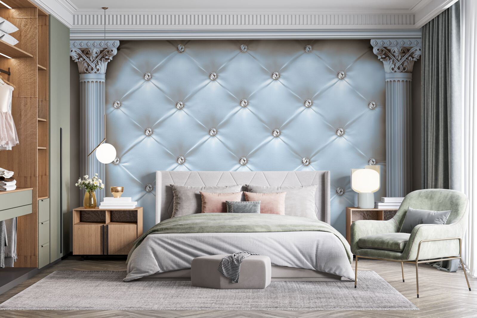 Papier peint L'arche est décorée d'un tissu d'ameublement bleu.