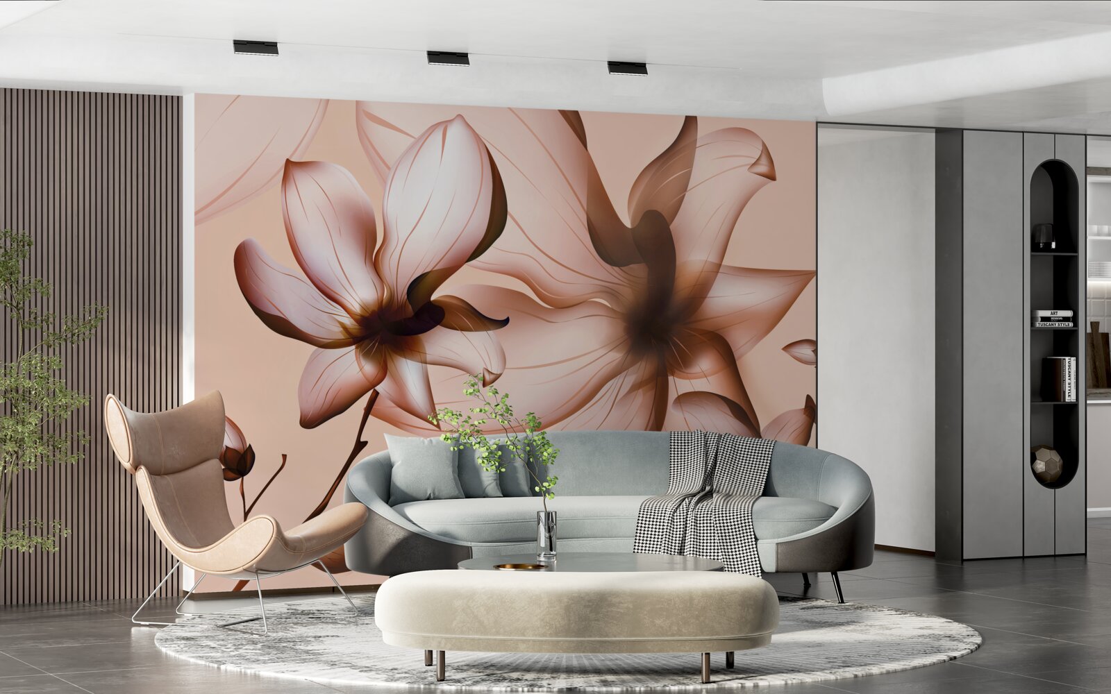 Papier peint fond rose avec magnolias