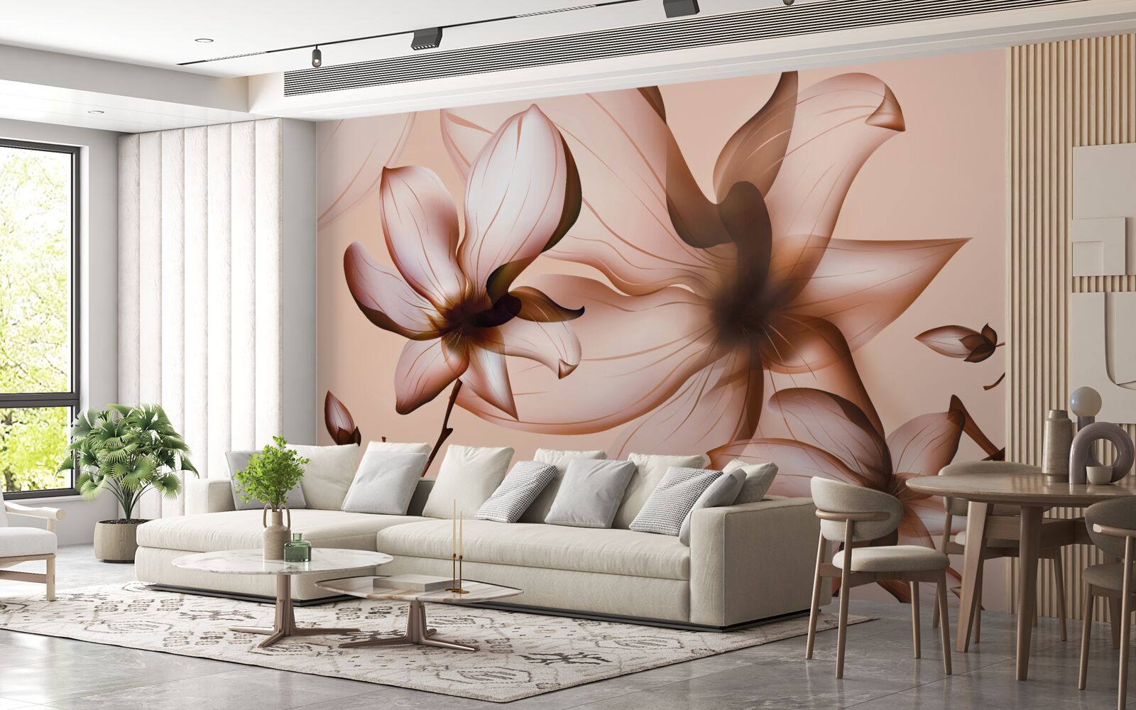 Papier peint fond rose avec magnolias