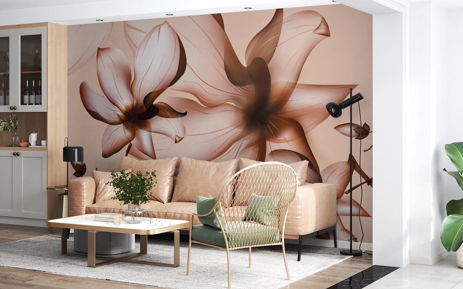 Papier peint fond rose avec magnolias